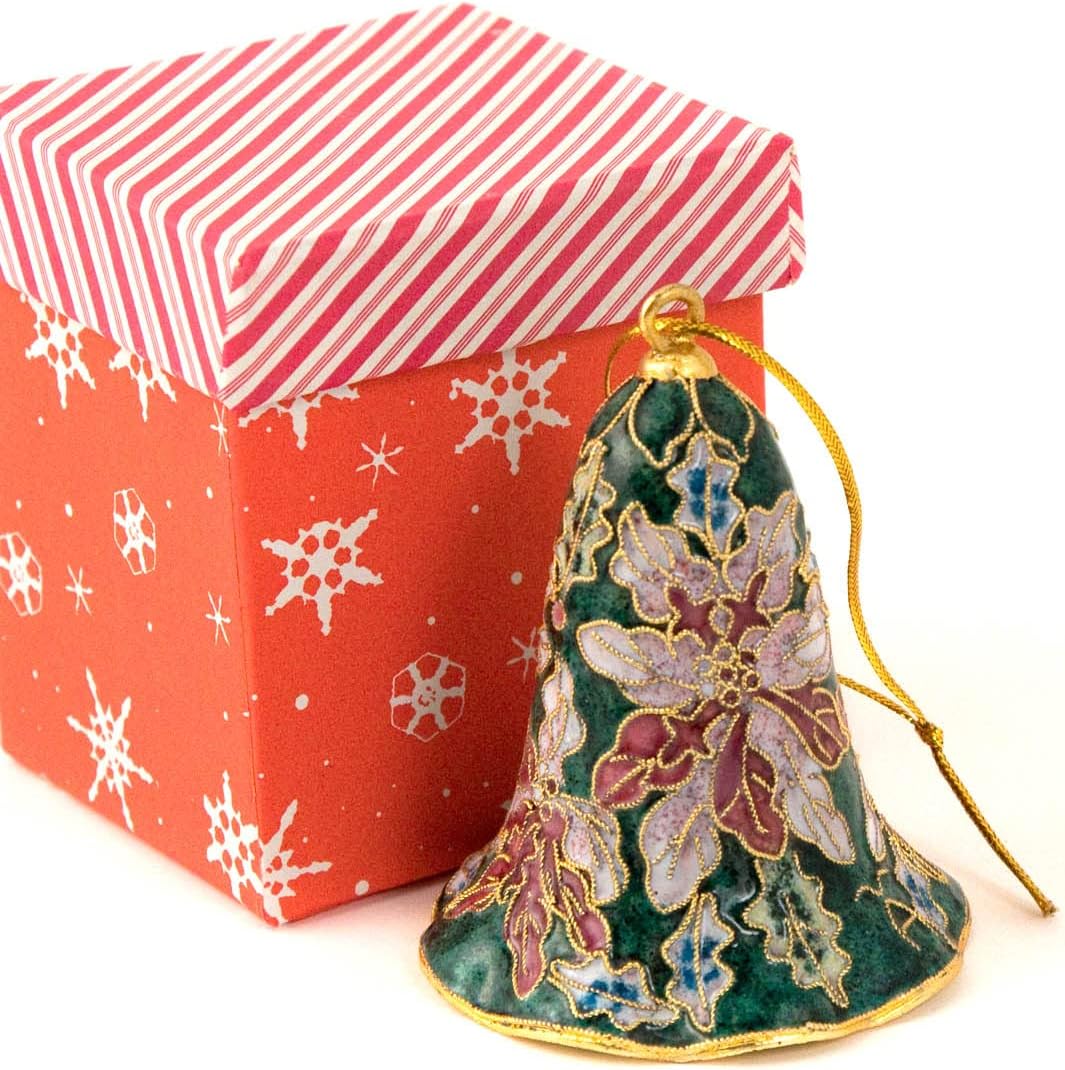 Value Arts Handmade Cloisonne Green Poinsettia Bell Ornament