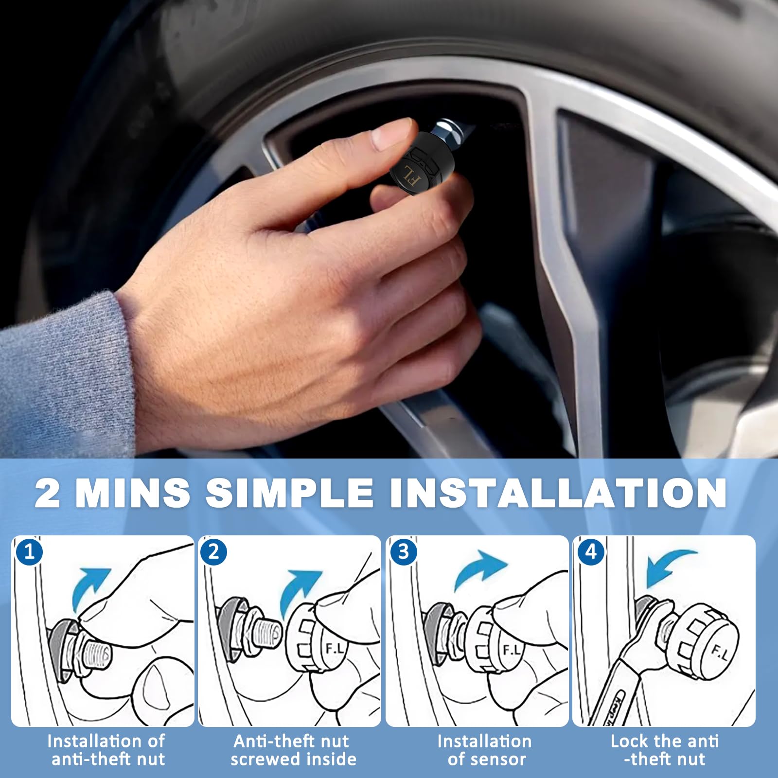 TPMS Sistema di Monitoraggio,della Pressione degli Pneumatici, Ricarica Solare/USB, 4 modalità Allarme, con 4 Sensori Esterni, per Berlina, SUV, Monovolume, Rimorchio, ECC