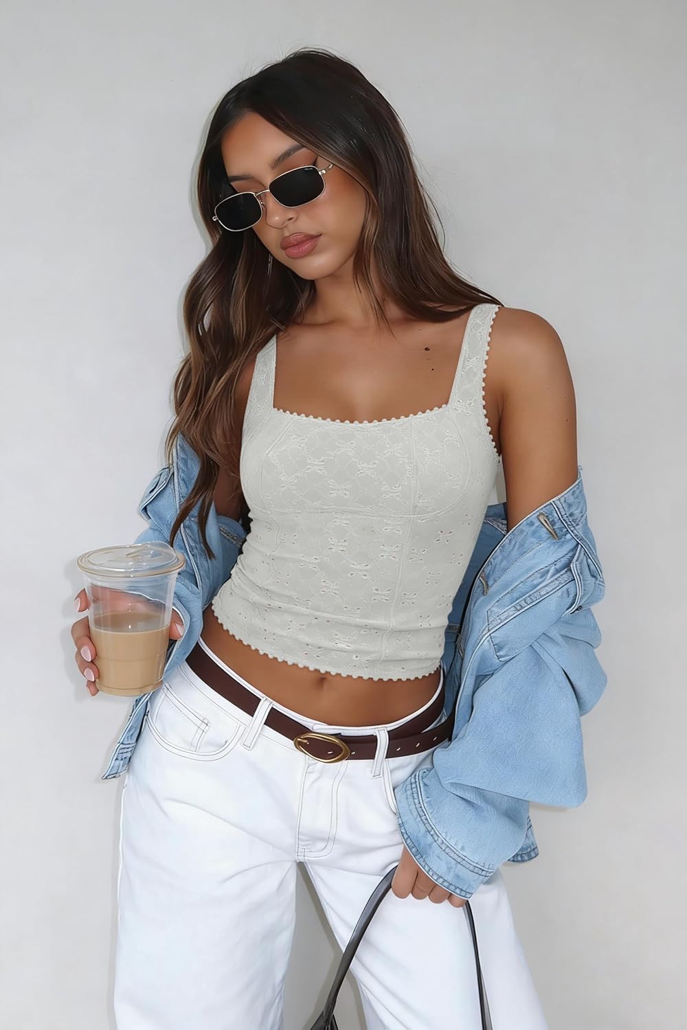 Women's Sexy Square Neck Eyelet Hollow Out Sleeveless Back Cutout Y2K Going Out Double Lined Cropped Tank Tops - Image 5