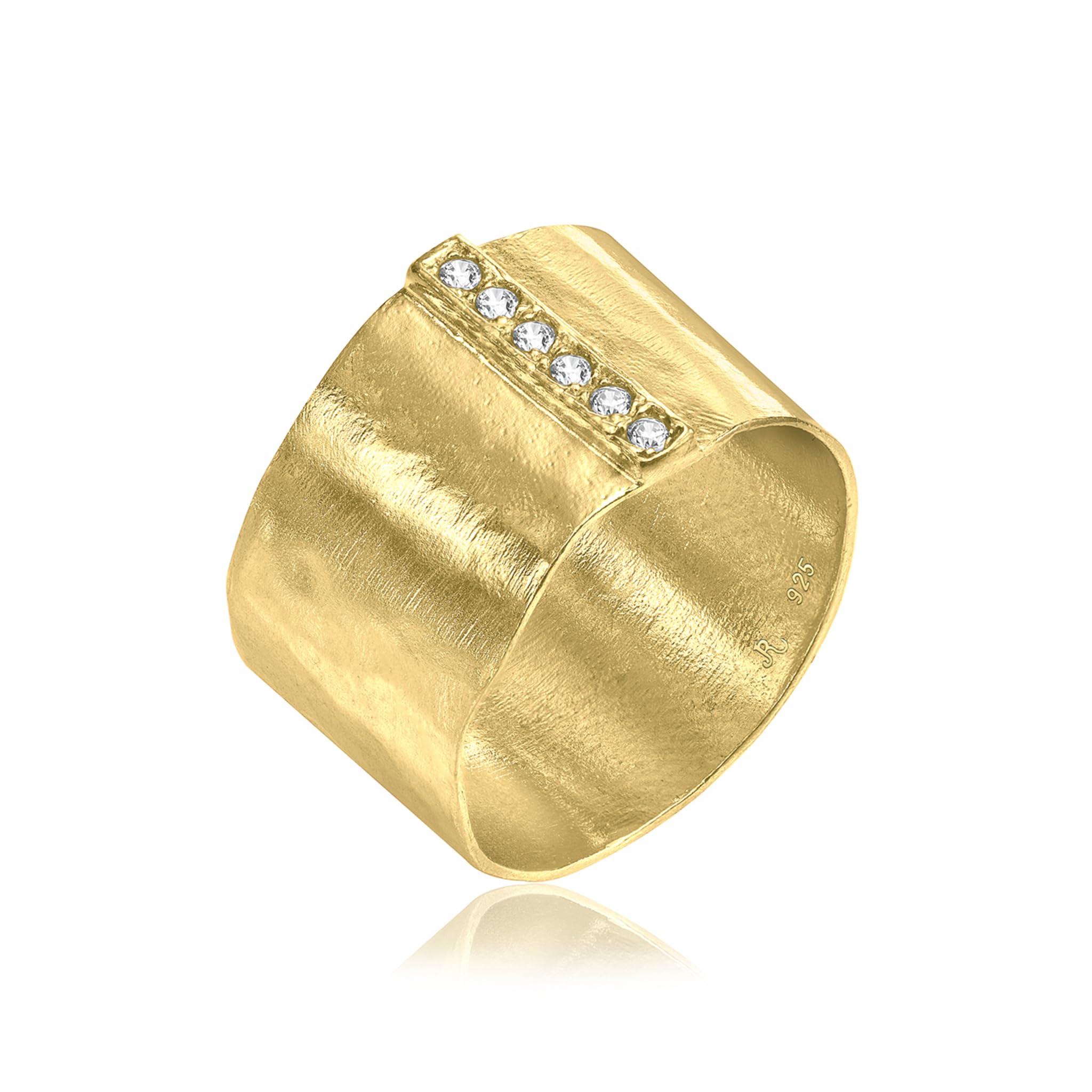 14K vergoldeter Sterling Silber Statement Ring mit 0,18 ct Zirkonia, gehämmerte breite Schiene, zarter Goldring, Schmuck Geschenk für Damen, ästhetischer Goldschmuck