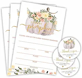 Kit de convite para chá de bebê de outono - Uma doce abóbora está a caminho - 20 convites com envelopes e 20 adesivos de agradecimento para embrulho, anúncio de bebê, suprimentos de festa de