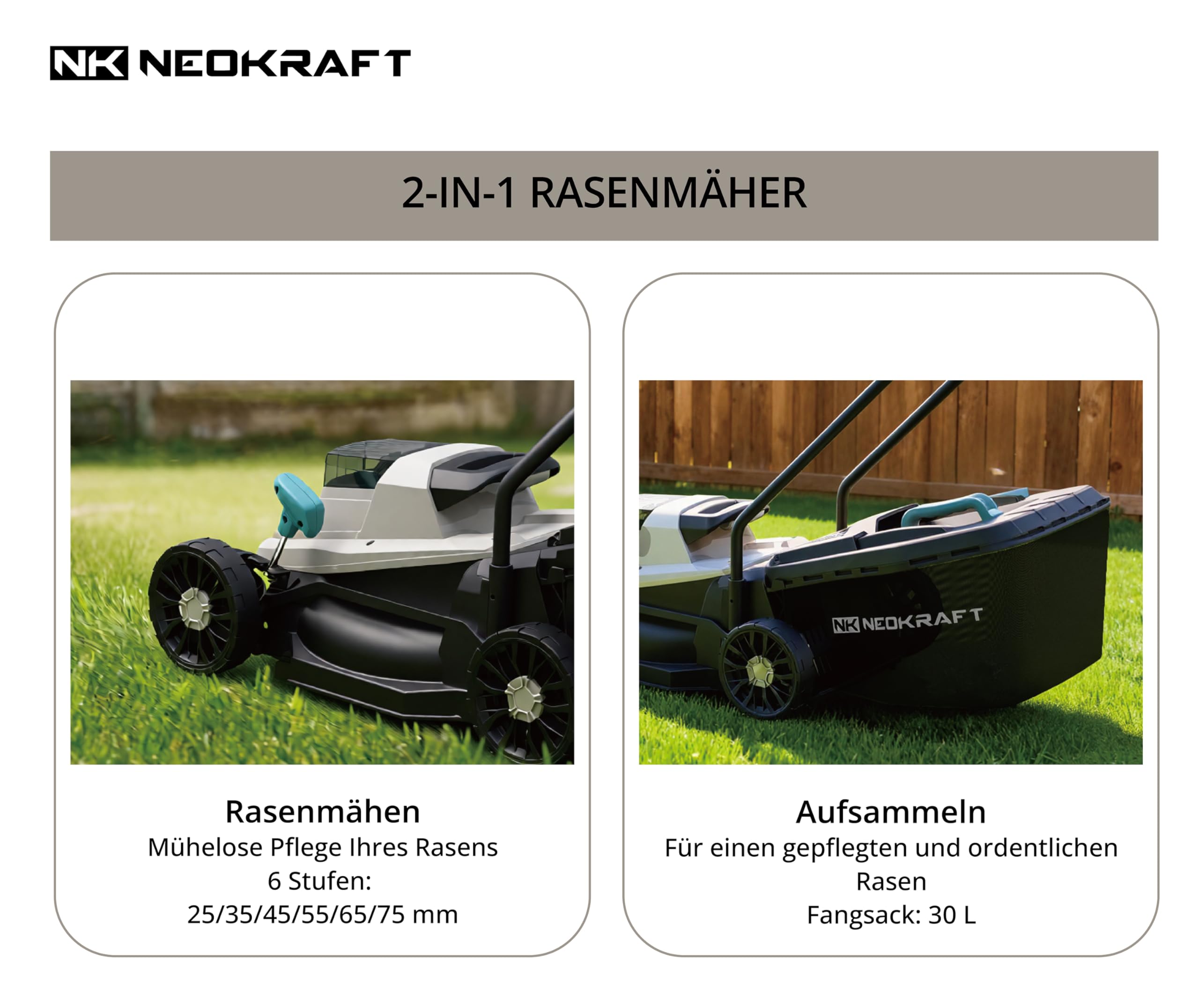 NeoKraft Elektro-Rasenmäher 1300W – 33 cm Schnittbreite – Elektrischer Mäher mit 30L Fangkorb & 6-facher Schnitthöhenverstellung – Kompakt & Leistungsstark - Rasenmäher - Gartenmäher