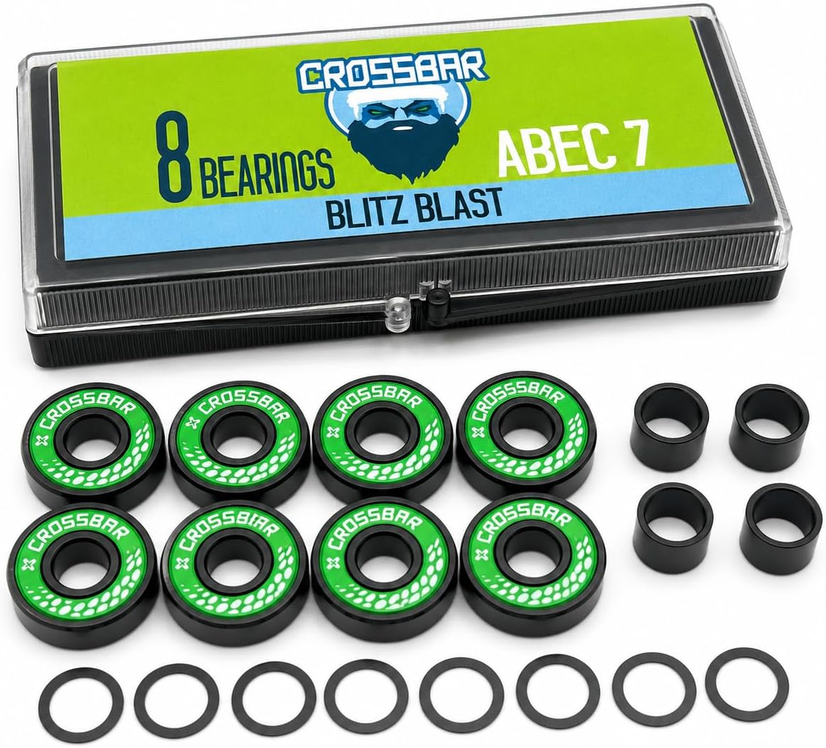 Crossbar ABEC-7 Inline Skate Bearings – 8 Pack with Spacers & Washers – 608 Replacement Bearings for Roller Hockey & Inline Skates