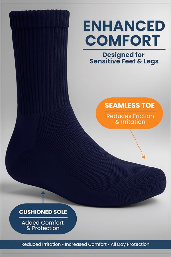 Special Essentials Diabetic Socks for Men & Women – 6 Pairs of Non-Binding Extra Wide Top Cotton Neuropathy Socks – Crew Length, Navy, 10-13 by Special Essentials - Image 3