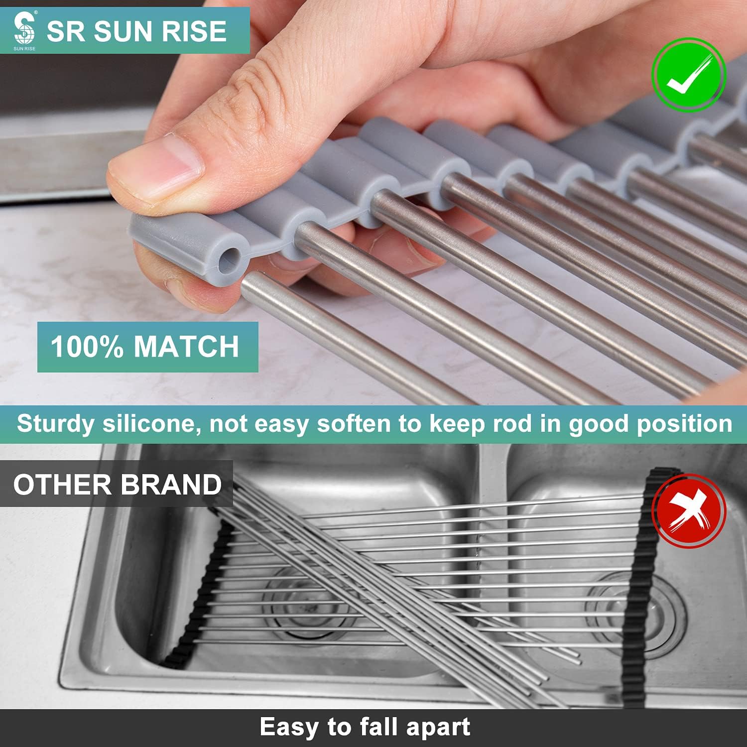 Roll Up Dish Drying Rack, Over the Sink Dish Drying Rack Kitchen Rolling Dish Drainer, Foldable Sink Rack Mat 304 Stainless Steel Wire Sink Accessories for Kitchen Sink Counter (Warm Gray,17.5"x17.3")
