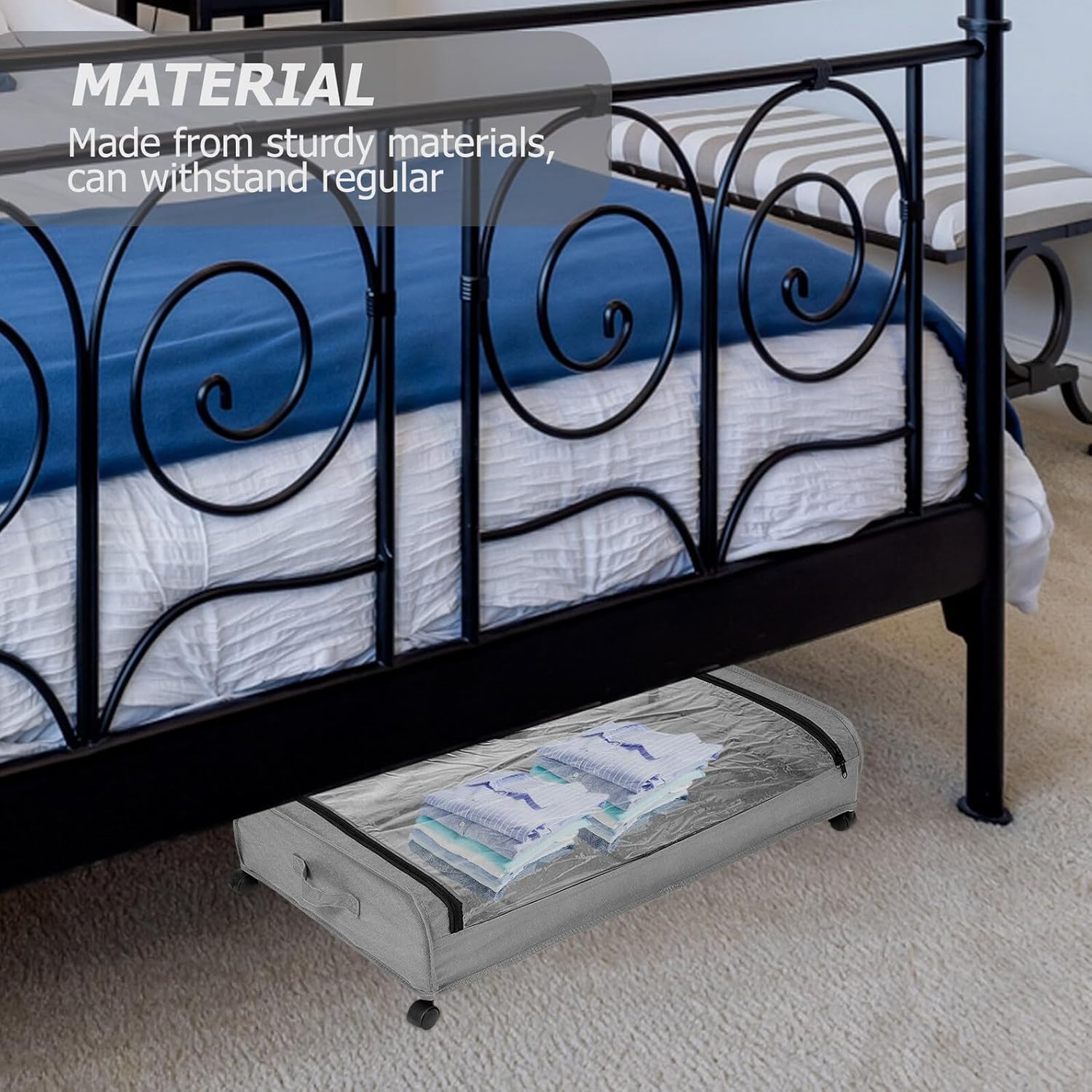 Bed Storage Drawers with Wheels, Large Grey Metal Clothes Organizer with Pull-out Sliding Drawer and Fabric Base Suitable for Bedroom and Closet Storage