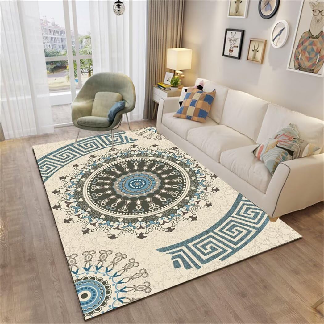 Design géométrique rond gris bleu pour ce tapis de chambre moderne lavable de 140x200cm