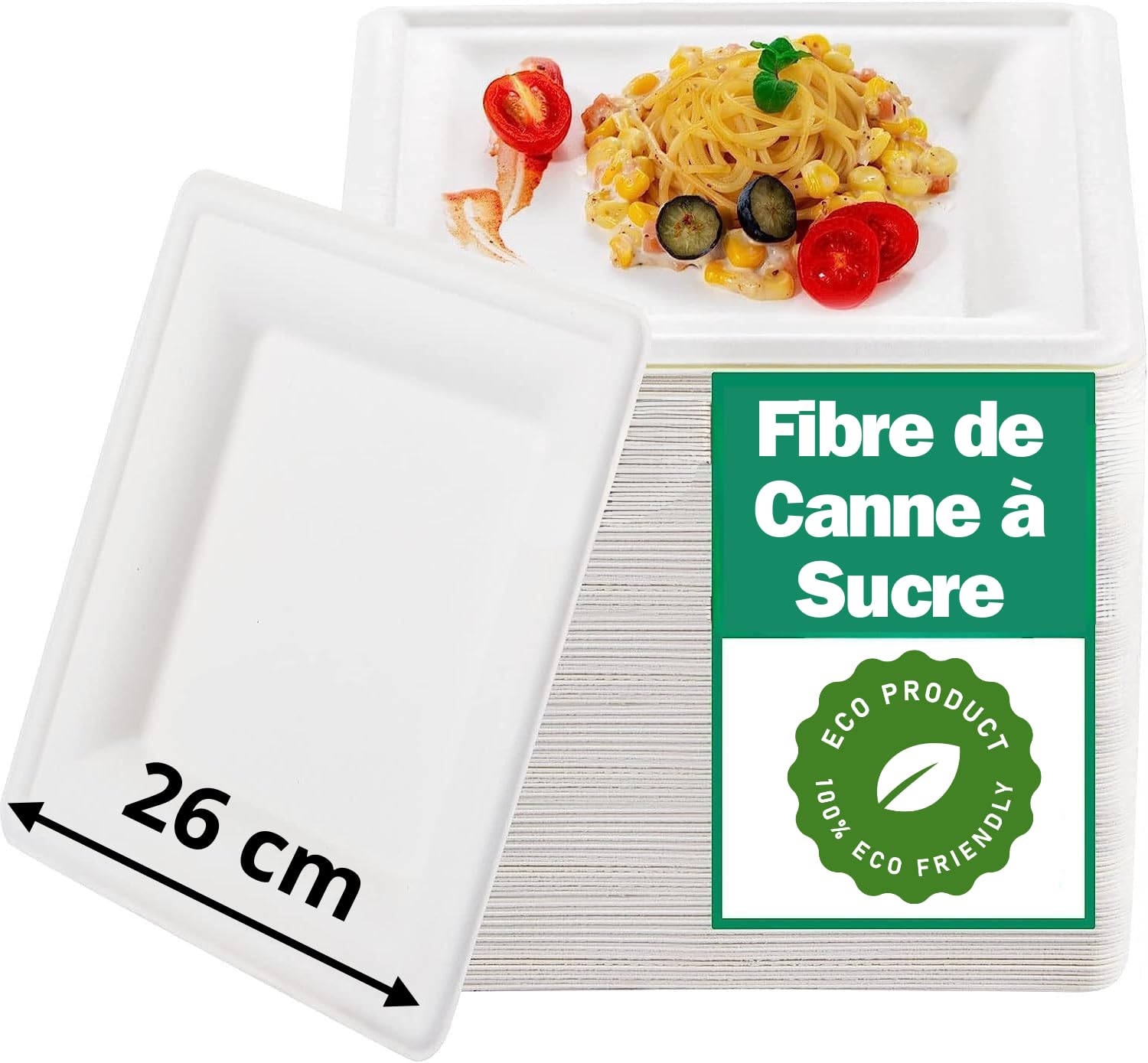 Piatti in fibra vegetale | Canna da zucchero | Piatto grande 26 cm | Biodeformabile e compostabile | Piatto caldo e freddo | Eccellente rigidità | Stoviglie Eco Responsabili (200)