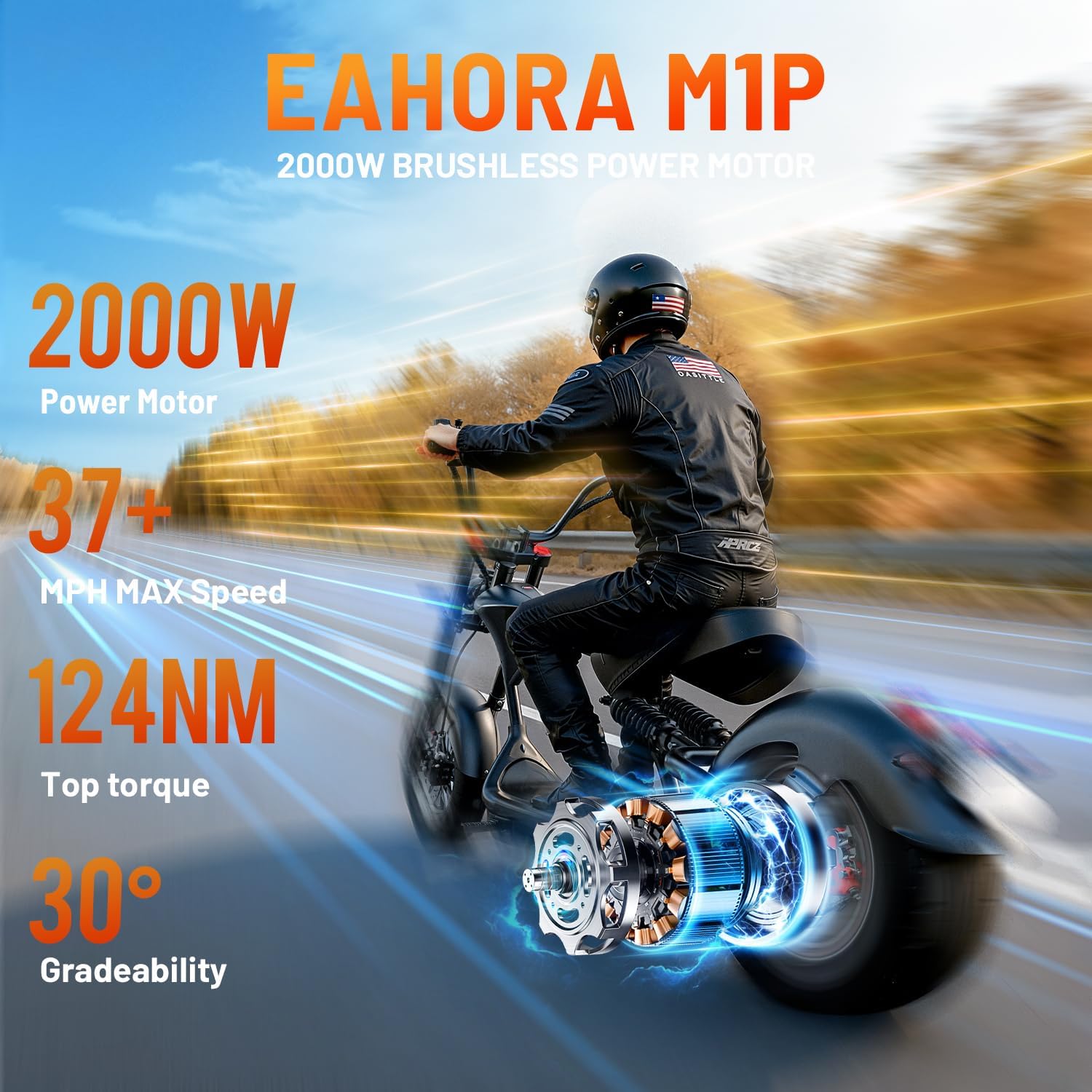 eAhora M1P Electric Motorcycle for Adults, 2000W Motor 37mph, 40+ Miles Range with 60V 30Ah Battery, Full Suspension, Hydraulic Brakes,Street Legal Electric Motorcycle for Commuting