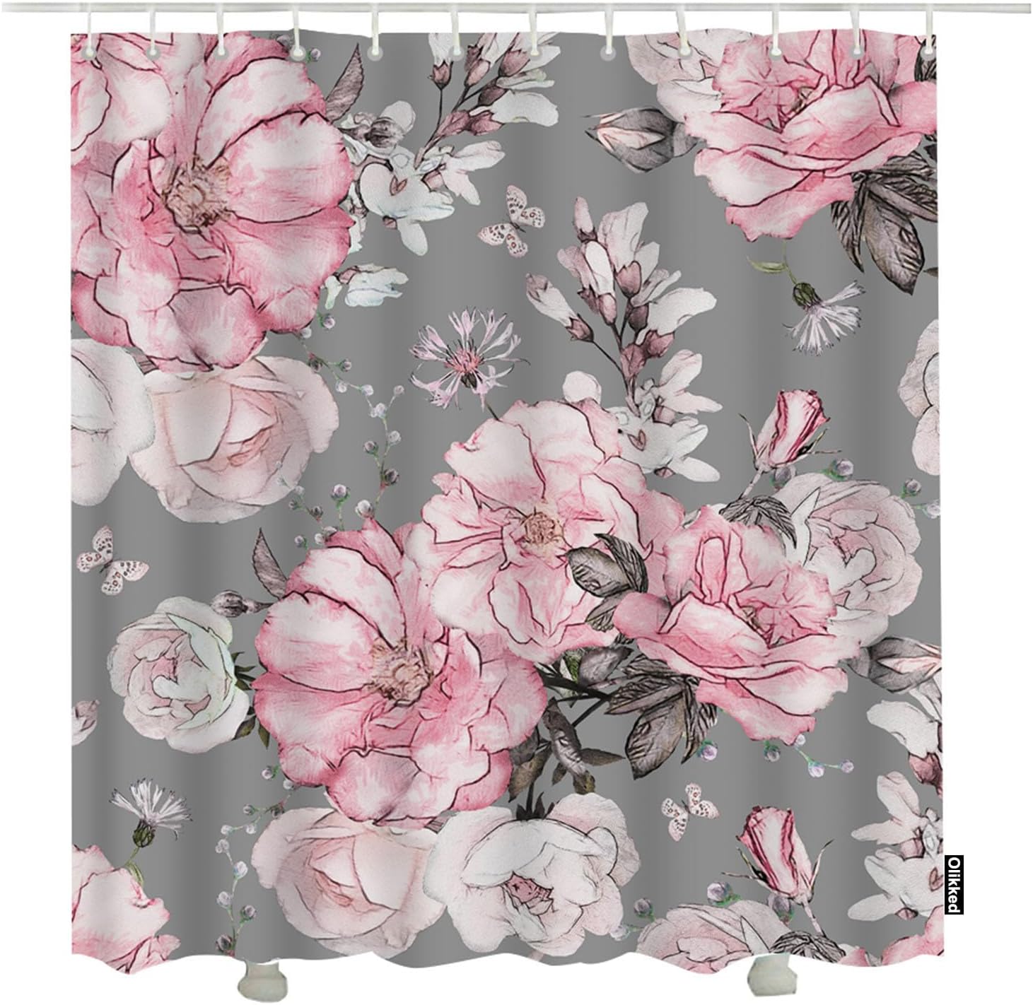 Pink Grey Rose Floral Shower Curtain Vintage Flowers Bathroom Accessories Home Decorative Waterproof Polyester Fabric 72x72 Inch with Hooks