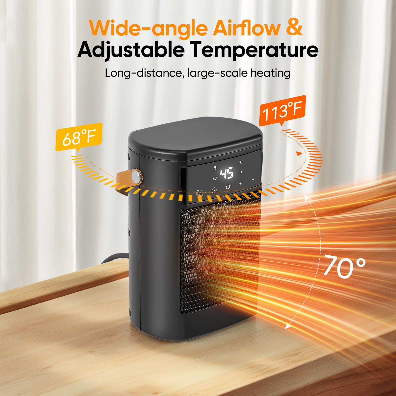 Chauffage d'appoint, 1500W PTC, 3 Modes Chauffants, Protection Anti-Surchauffe et Chute, Oscillant à 70° ECO Radiateur Electrique, Portable et Silencieux pour Maison, Bureau