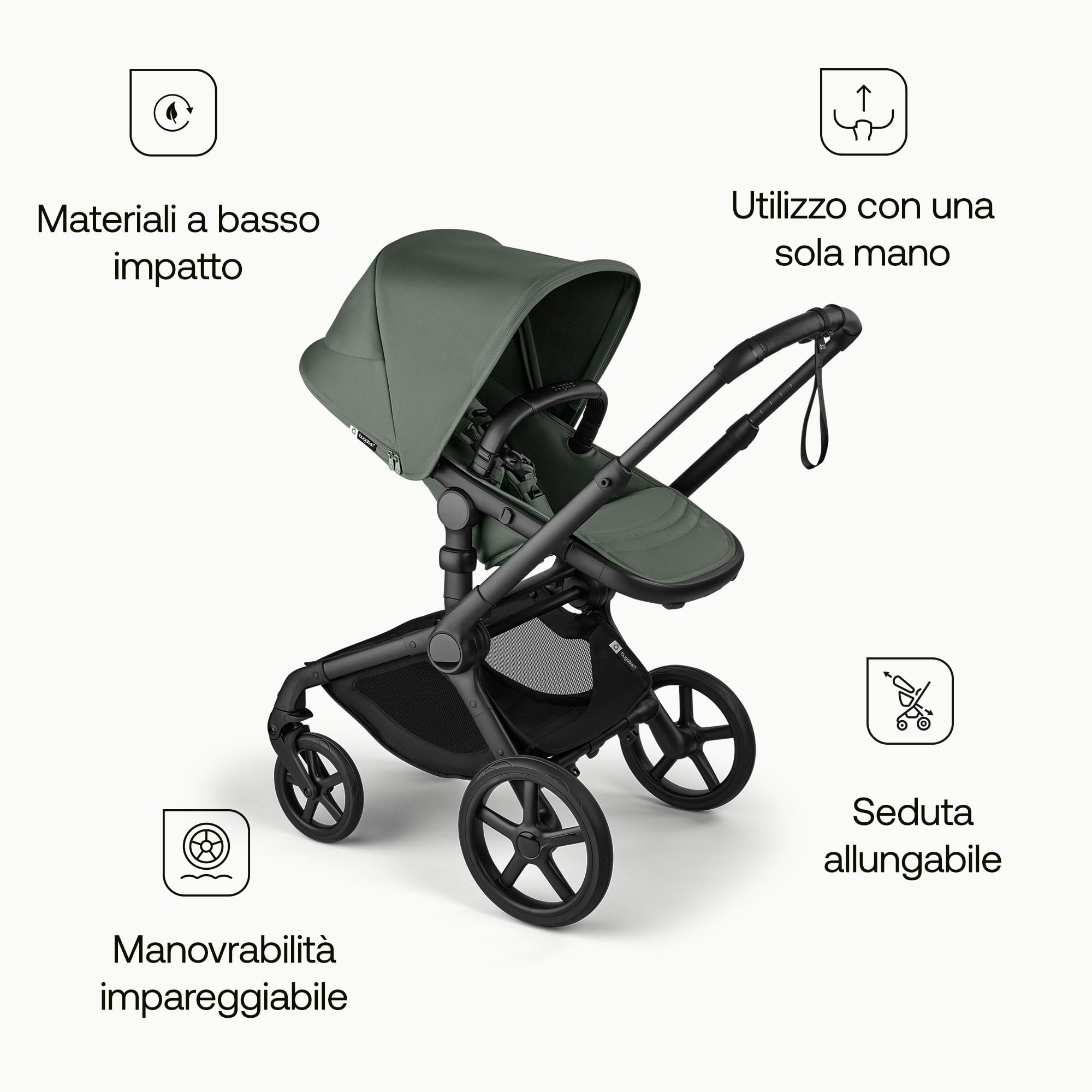 Bugaboo Fox 5 Renew, Passeggino Multi-Terreno 2 in 1 per Bambini, Chiusura Facile, Navicella Spaziosa, Seduta da Bambino Estensibile, Telaio Nero e Cappottina Forest Green