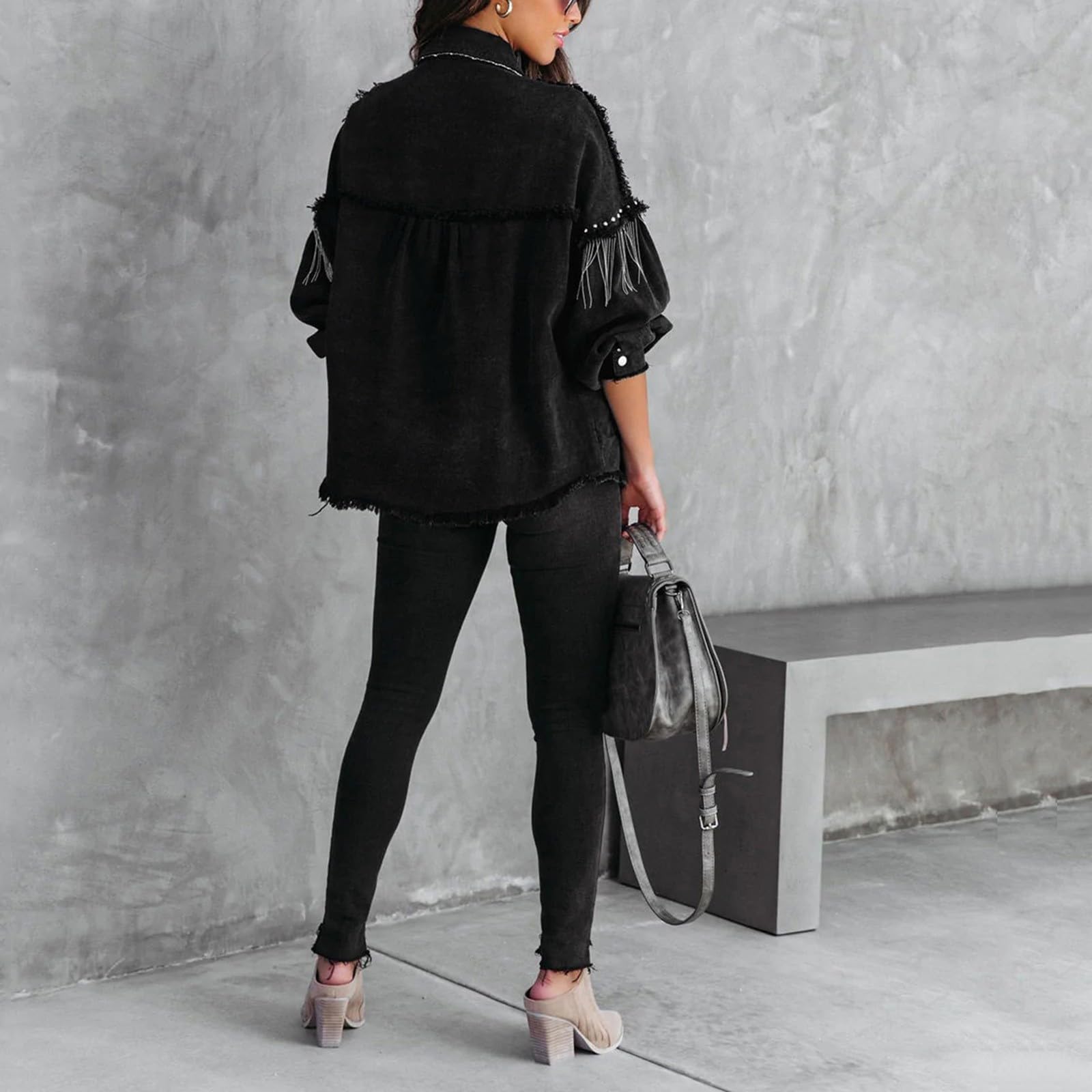 Jeansjacke Damen Oversized Denim Jacke Lässige ausgefranste Quaste Schwarze Jeansjacke für Frauen Mode Fransen Strass Cowgirl Jeans Mäntel Cowgirl-Jeansjacke Langarm Strickjacke Streetwear