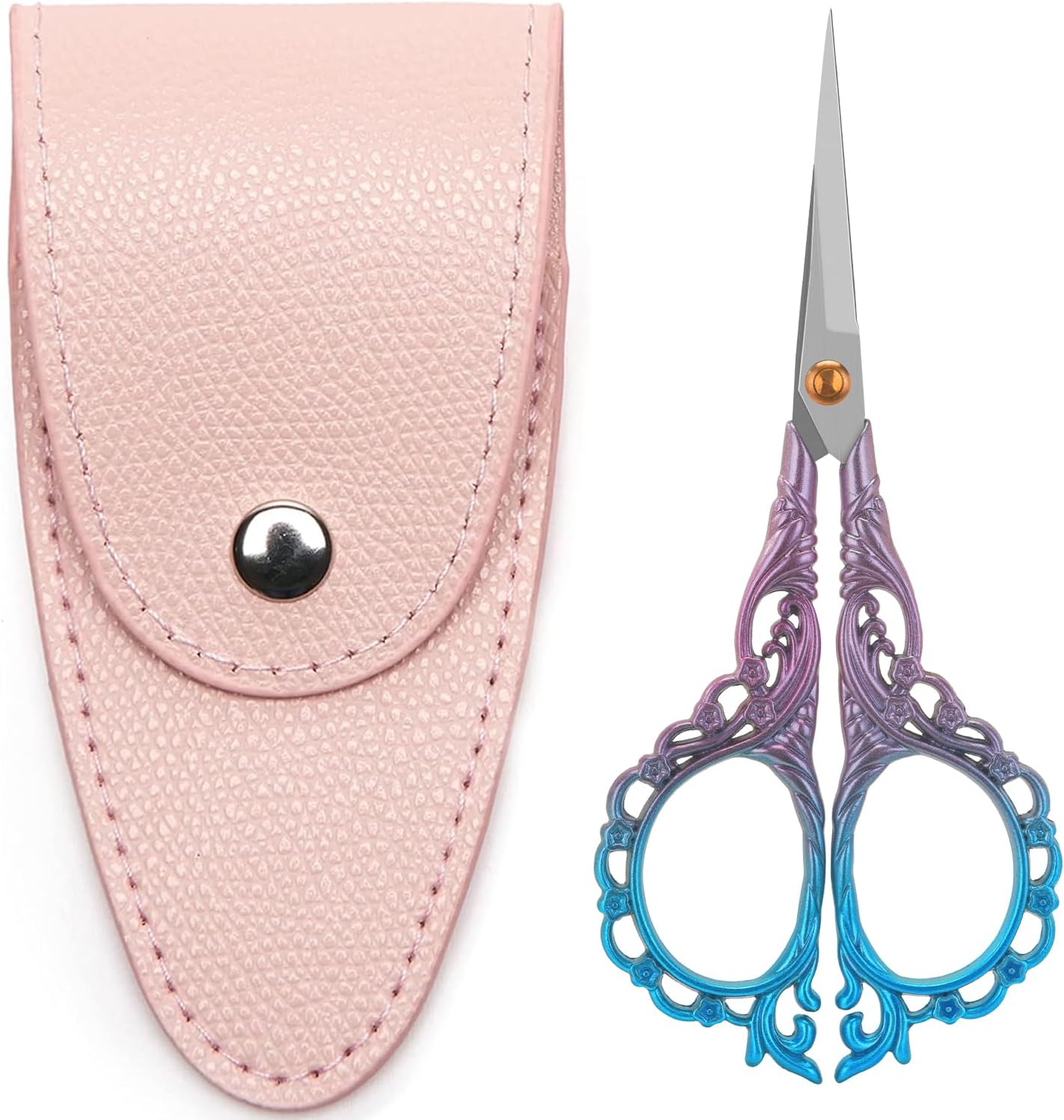 4.7-Inch Sharp Stainless Steel Sewing & Embroidery Scissors with Cover, Portable Travel Pouch, Pointed Tip for Craft Art Work, Crochet, Mini Scissors – Pink Blue