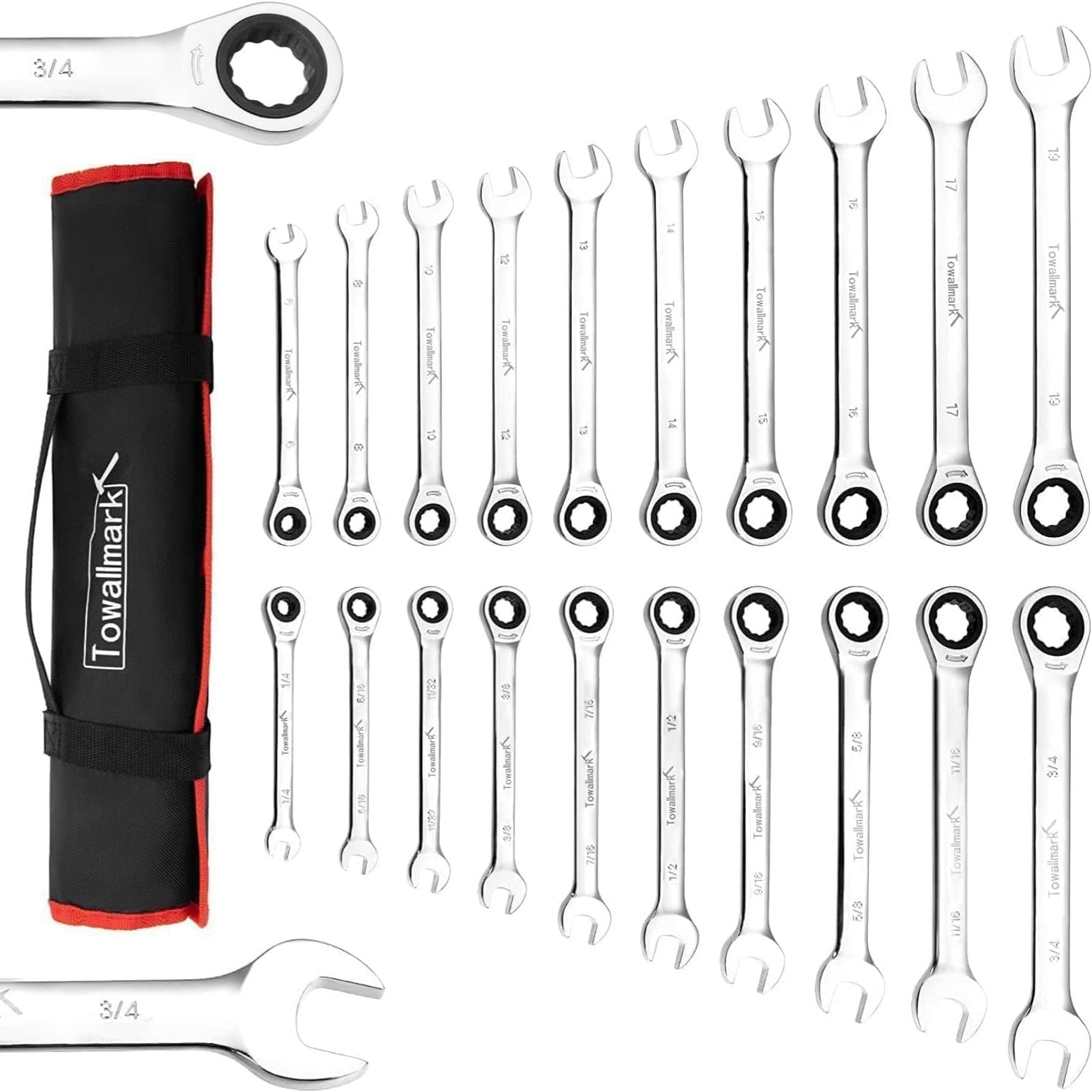 Towallmark Ratcheting Wrench, 20Pcs Standard Combination Wrench Set, SAE 1/4-3/4""& Metric 6-19mm, 72-Teeth,Cr-V Steel Ratchet Set with Storage Bag