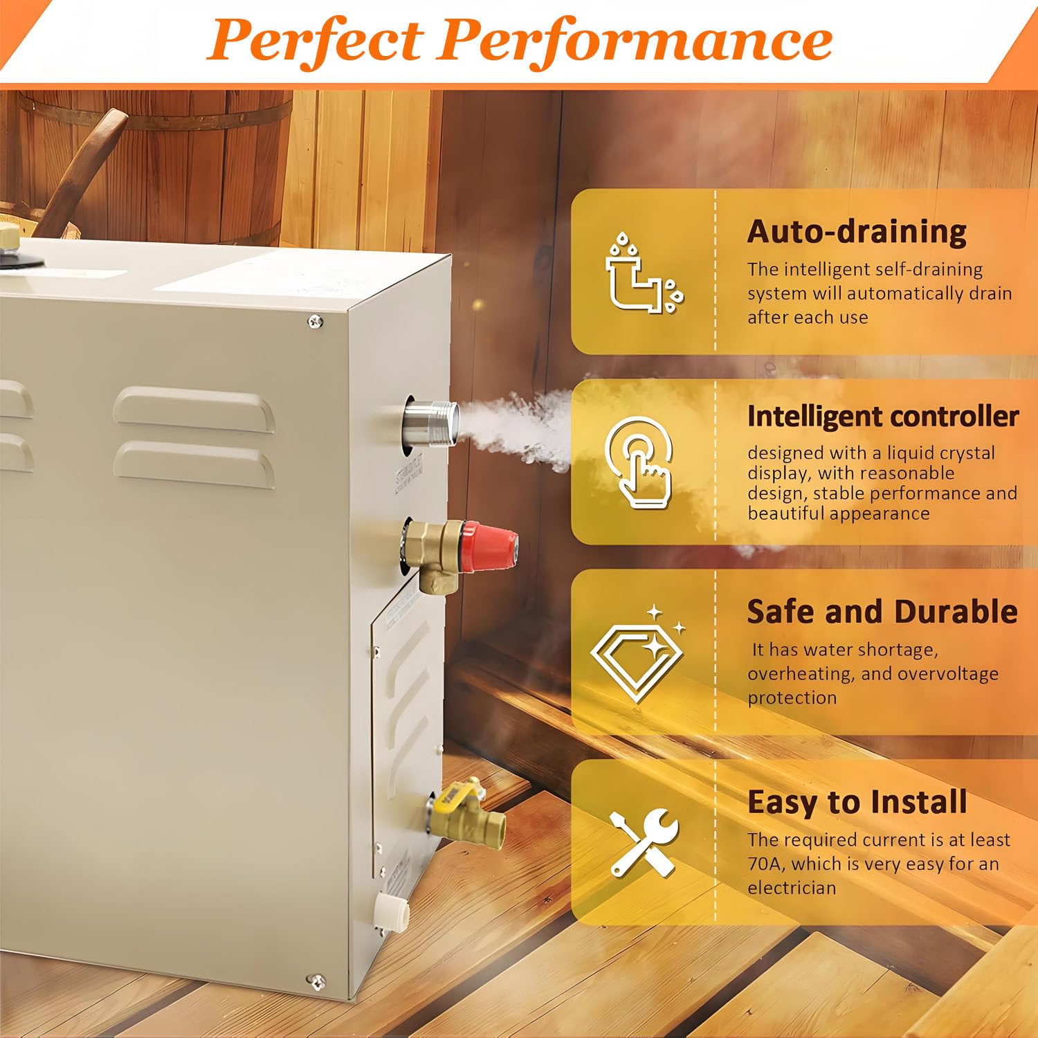 Komercyjny samoodpływowy generator pary z prysznicem, domowy generator pary do spa, automatyczny spust wody od 30 min do 12 godzin, 95-131 ℉, luksusowy samoodpływowy generator pary 10.5KW
