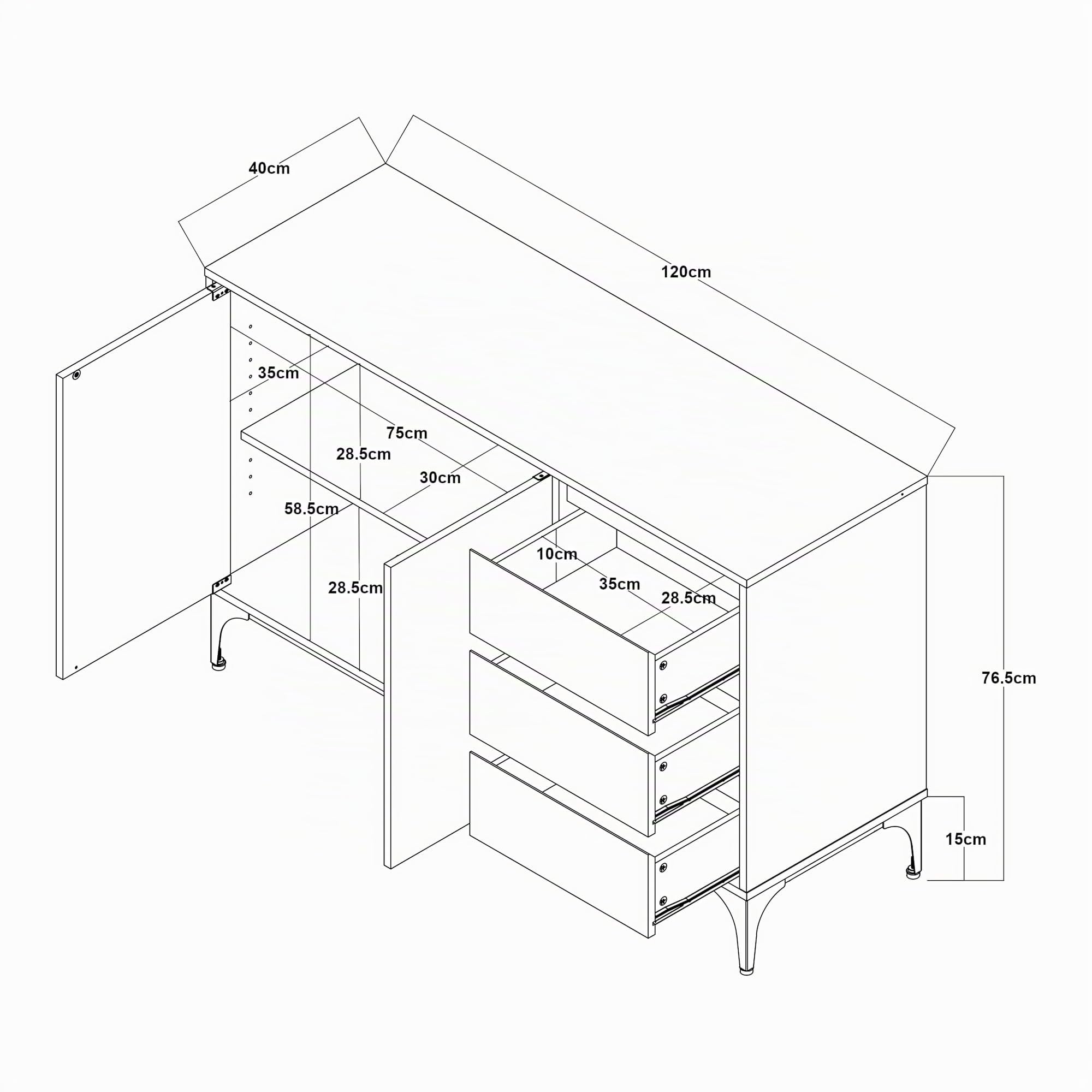 [en.casa] Sideboard Kistiandi Wohnzimmerschrank mit 2 Türen und 3 Schubladen Kommode Buffetschrank mit Verstellbarer Ablage 77 x 120 x 40 cm Eicheoptik, dunkel