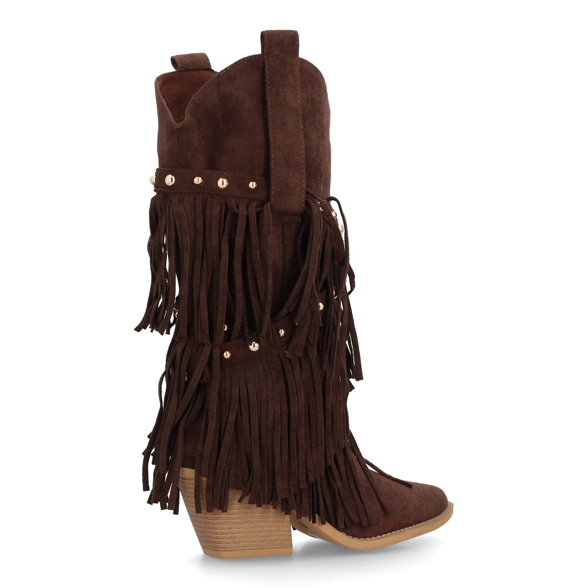 Bota de Estilo Western con Cana Alta Decorada con Flecos en Cascada y Tachuelas metalicas, Punta Fina y Tacon Cubano. Ideal para Mujer en Temporada de Otono Invierno