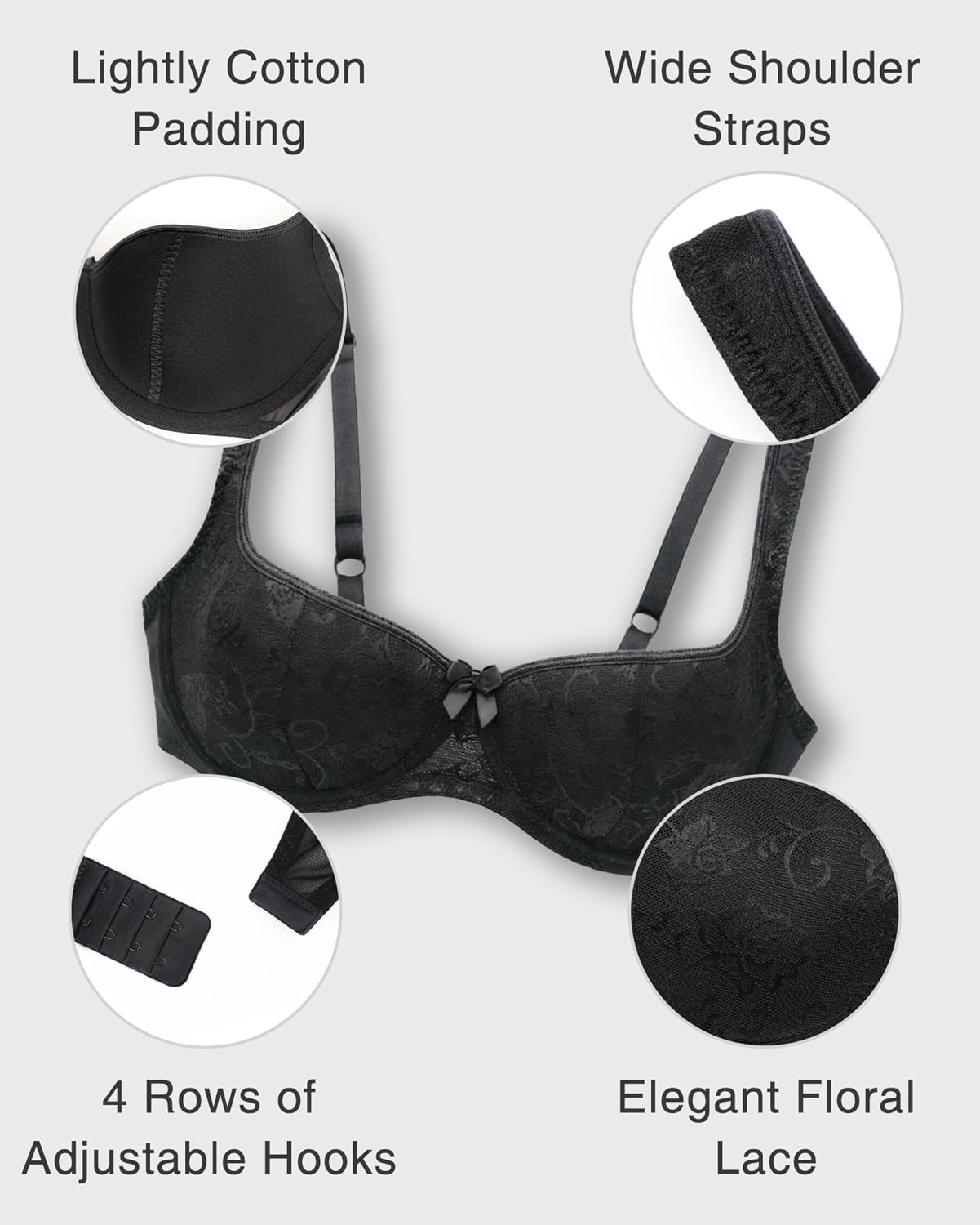 Women's Sexy Blconette Bra Demi Half Cup Push Up Lightly Padded Lace Underwire Low Cut Plus Size Bras Wide Straps