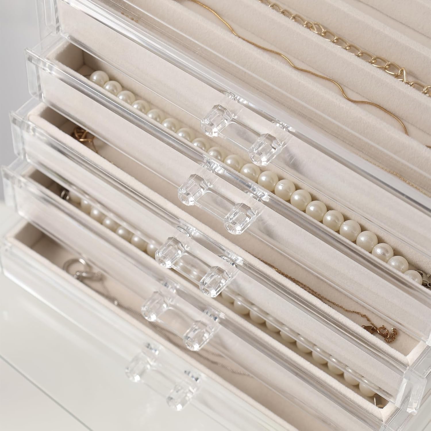 Necklace Holder Organizer, Acrylic Jewelry Box for Necklaces with 5 Drawers, Clear Chain Display Case with Adjustable Velvet Trays for Women Girls,Creamy-white