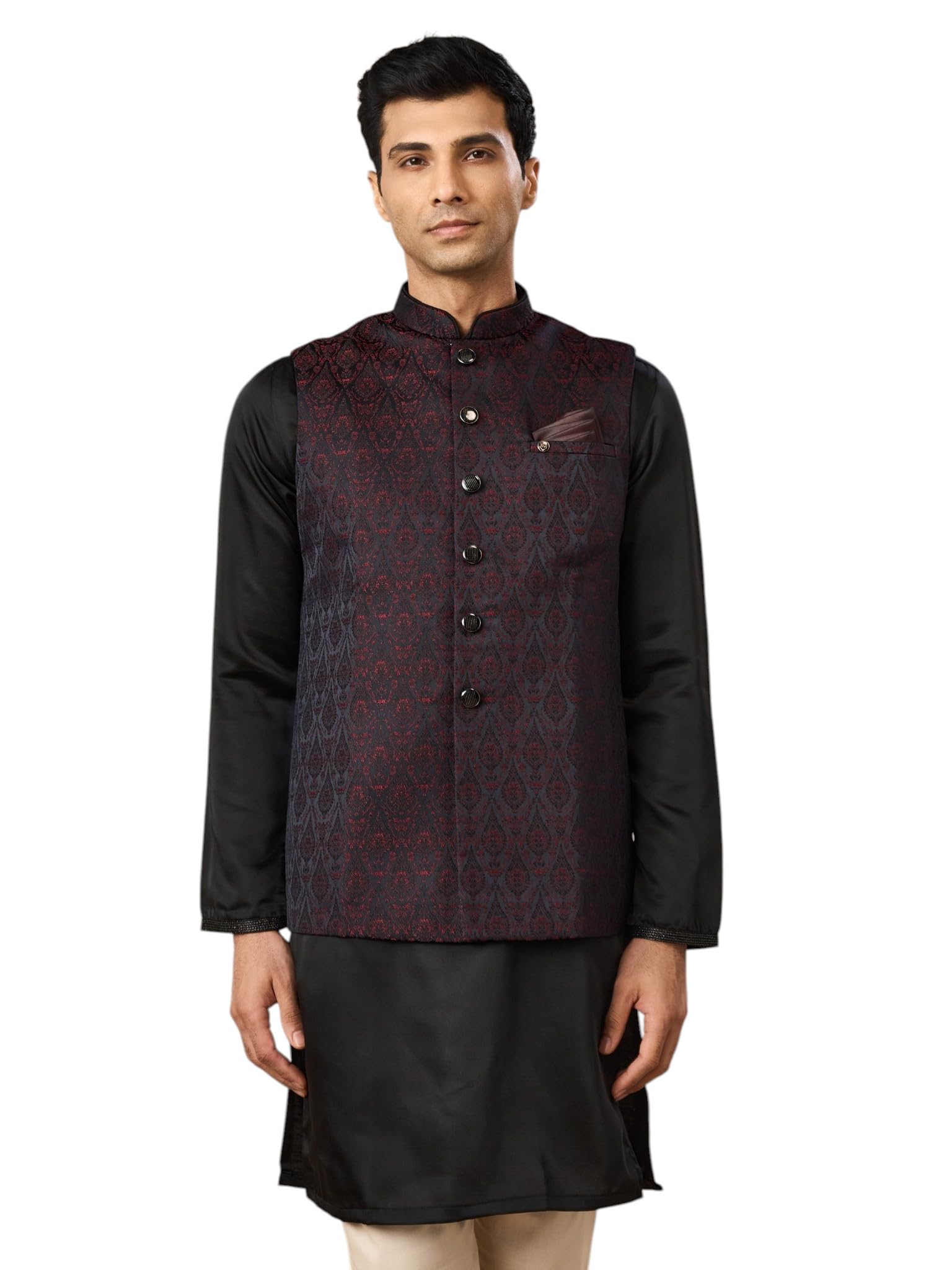 manyavar Men's Brocade Self-Textured Sleeveless Nehru Jacket (1pc)-picture-25