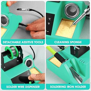 Soldering Station, 100W Digital Display Soldering Iron Station Kit with 2 Helping Hands, 356F - 896F, Auto Sleep, C/F Conversion, Solder Wire, Tips, Stand, Pump, Tweezers, Tip Cleaner, Cyan