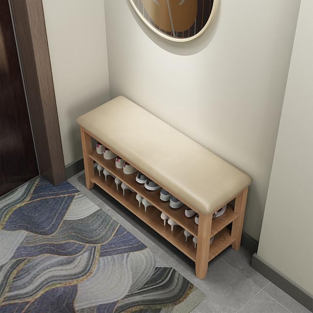 KungFuWood Shoe Rack with Seat, Solid Wood Shoe Bench with Adjustable Floorboard Heights, Sturdy and Comfortable Cushioned Shoe Storage with Seat for Entryway, Living Room, Hallway, Wooden Colors