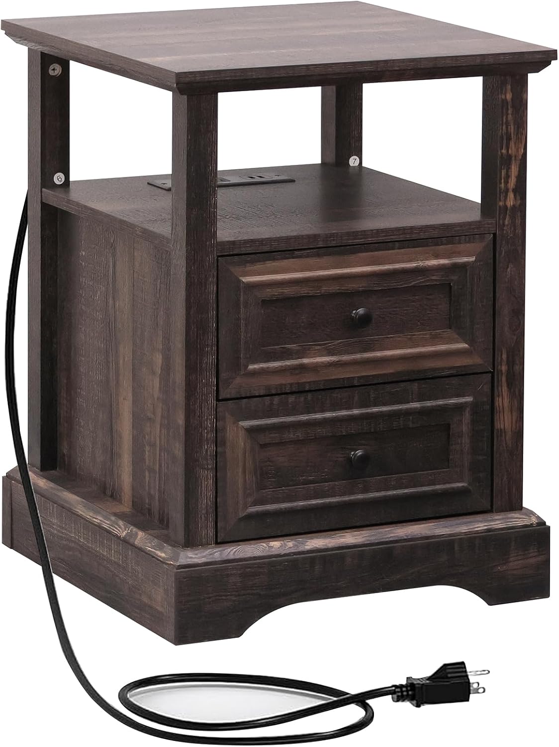 ALBAD Farmhouse Nightstand with Charging Station Rustic Bedside Table with 2 Drawers and Open Shelf Side Table with Metal Handle for Bedroom Office, Walnut Brown