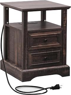 ALBAD Farmhouse Nightstands with Charging Station，Walnut Brown Tabletop | End Tables with 2 Drawers, Open Shelf, USB Ports, Metal Knobs, for Rustic Bedroom Bedside, Living Room, Dorm