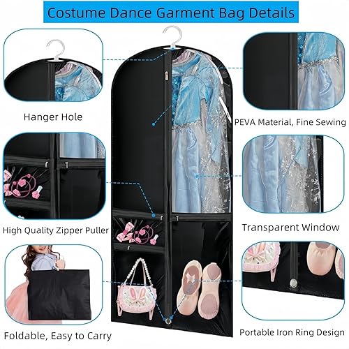 Miniatura 9 de Bolsa de ropa transparente para disfraces de baile, bolsa de ropa de 39 pulgadas para competiciones de baile, funda de ropa colgante para niños para