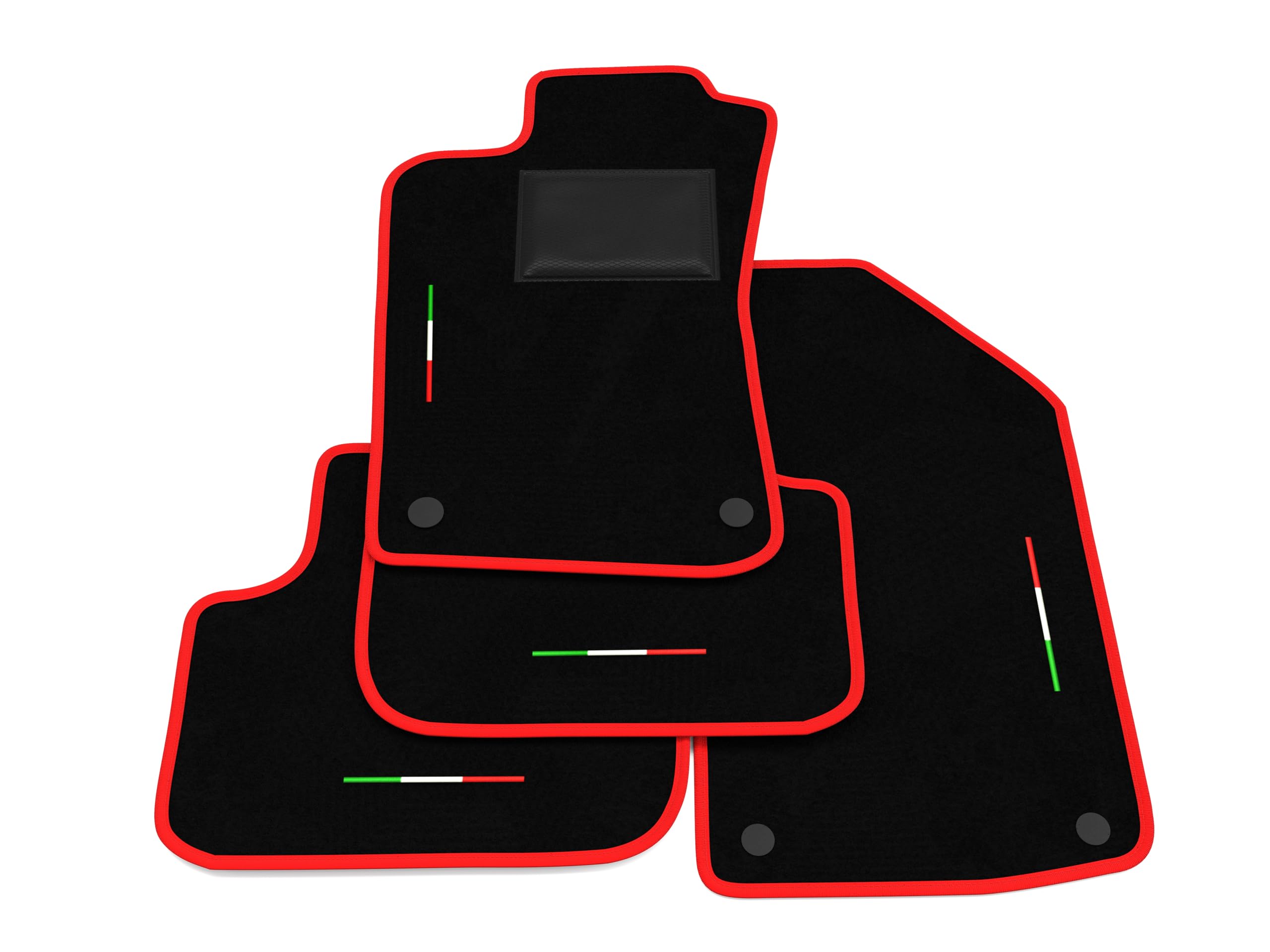 Tappetini compatibili con Alfa Romeo 147 3-5 porte 2000-2010, ricamo bandiera Italia, kit tappetini auto personalizzati, set tappeti in moquette, bordo rosso.