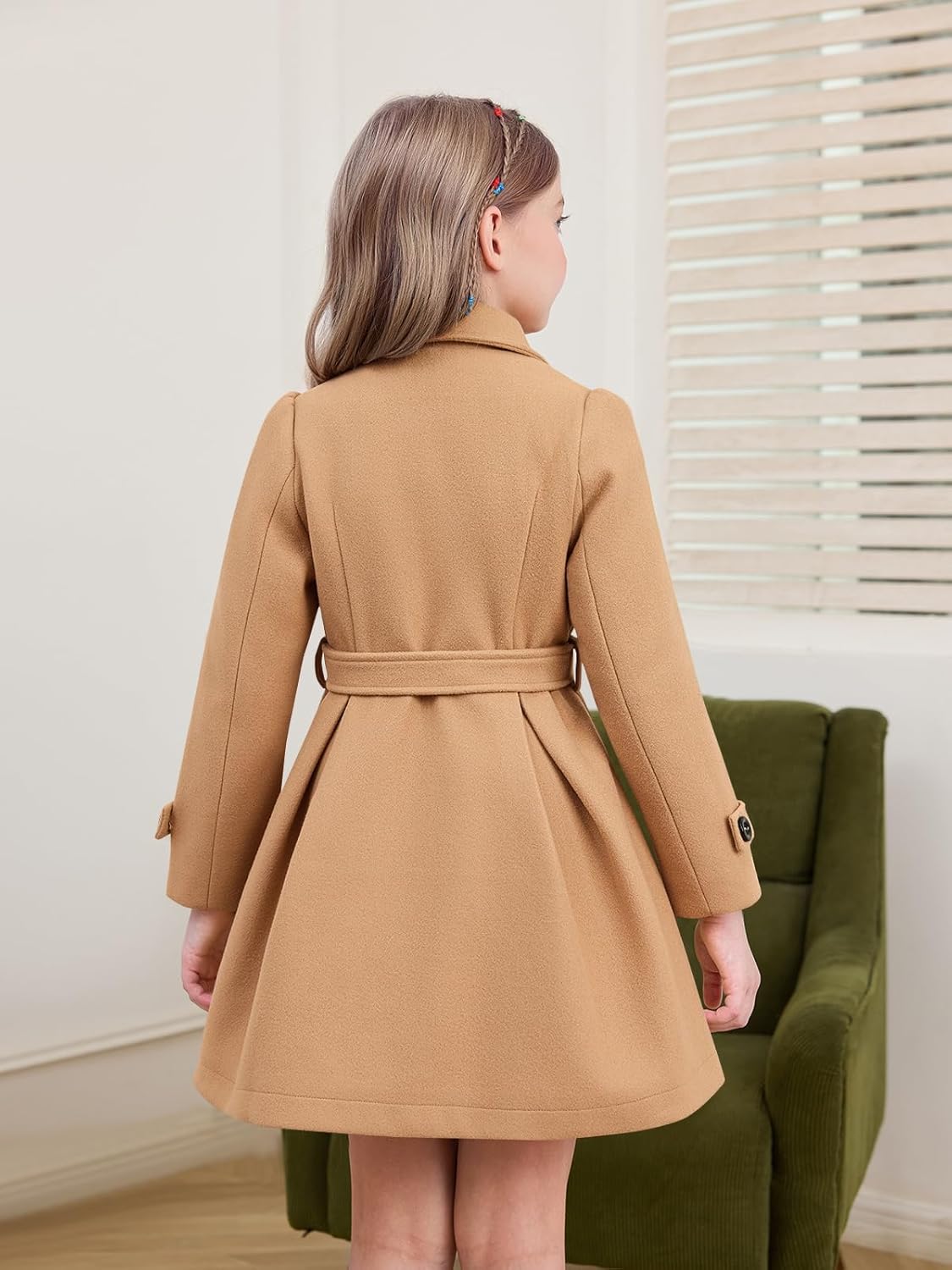 Haloumoning Girls Double Breasted Pea Coat Kids Winter Lapel Belted Wool Blend Coat Outerwear 5-14 Years - Image 6