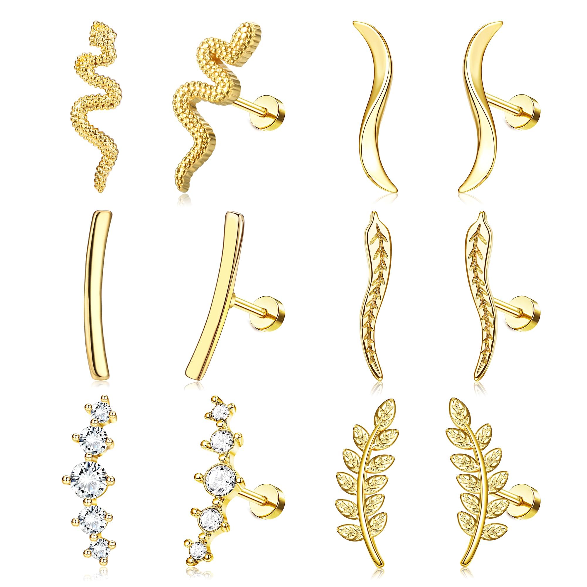 FIOROYAL 6 Pares 16G Piercing Oreja Mujer Pendientes Acero Quirurgico Trepadores Pendientes Antialergicos Mujer Circonita Serpiente Piercing Tragus Plata Oro Joyas para Piercing Helix Tragus Conch