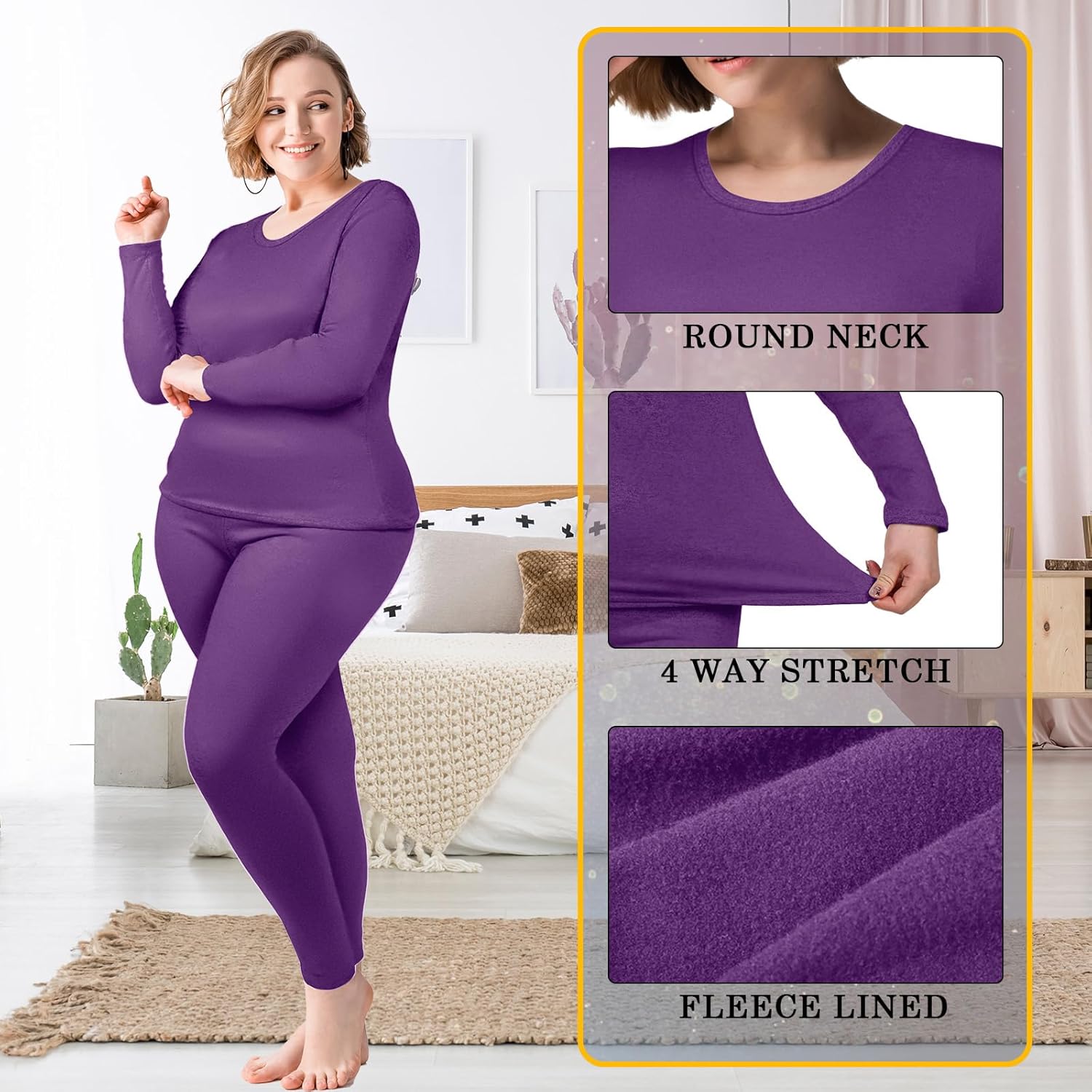 Patelai 2 Sets Plus Size Long Thermal Underwear for Women Fleece Lined Base Layer Pajama Top and Bottom Cold Weather - Image 4