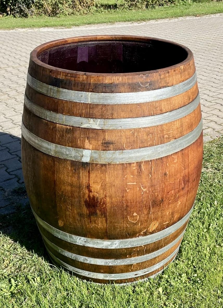 Tauchbecken 300 Liter Eisbad aus einem gebrauchten Weinfass, Saunatauchbecken optional geölt erhältlich, Deckel-Hahn-Lärchentreppe-Tauchfass, mit Deckel, Messinghahn ohne Treppe (TB400DeckelHahn)