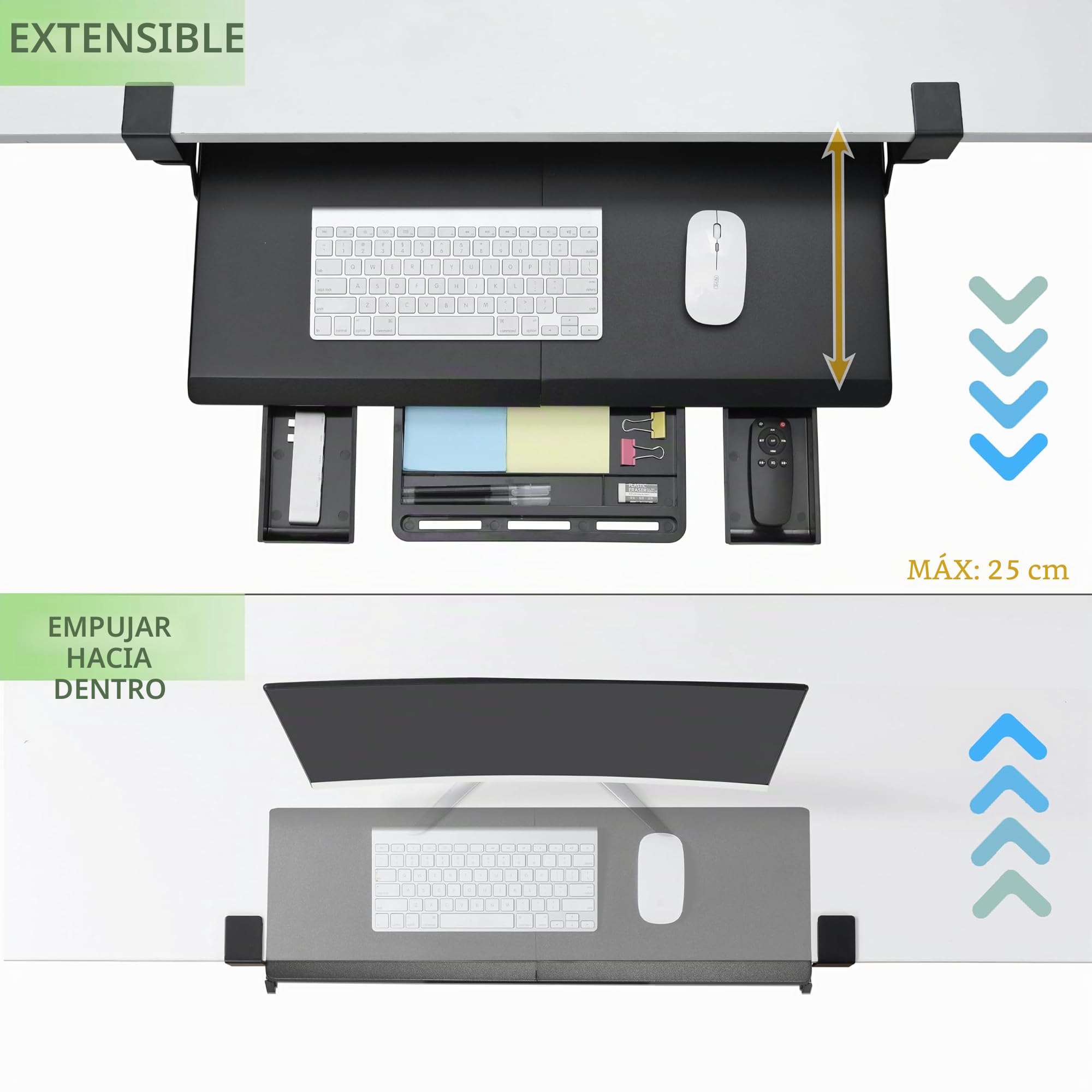 ETHU Bandeja para teclado debajo del escritorio con abrazadera en C, estante negro para teclado de 68 x 30 cm para escritorios de esquina con deslizamiento de cierre suave e instalación sin