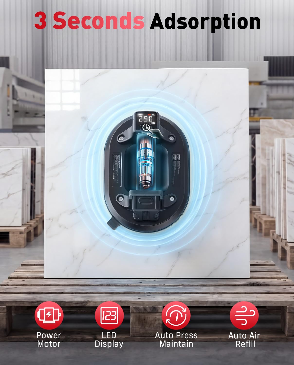 Ventosas Eléctricas para Cristal/Azulejos, Ø245mm con 4x 3000mAh, 250KG Máx, Pantalla LCD, Elevador para Vidrio, Piedra y Metal, Ideal para Hogar y Trabajo Profesional