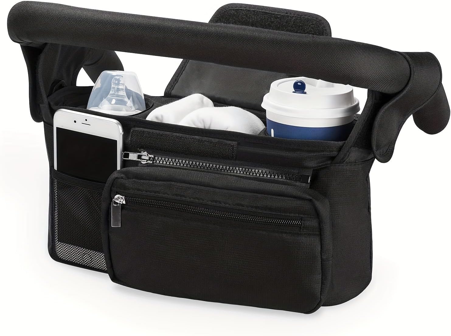 Stroller Organizer Bag, Hanging Stroller Caddy with Cup Holders, Large Capacity Diaper Storage Pouch for Baby Essentials