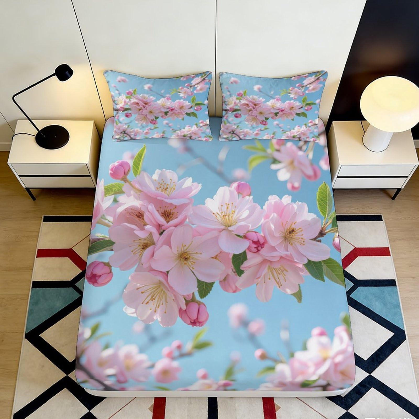 3D Printed Pink Blossom Fitted Sheet Microfiber Soft Breathable Spring Sakura Mattress Cover Bedroom Decor 180x200x25cm