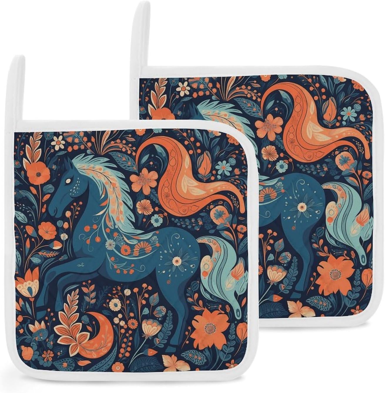 Pot Holder Set of 2 Playful Pony Printed Potholders for Kitchens Heat Resistant & Non Slip Potholders for Kitchen Cooking Baking BBQ