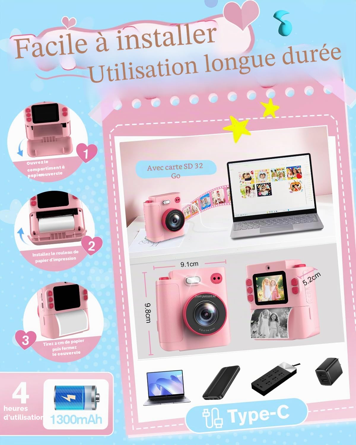 Appareil Photo Instantané Enfants, 1080P Appareil Photo Numérique Enfant & Caméra Vidéo avec Carte de 32GB & Papier d'impression, Noël & Anniversaire Cadeaux pour Garçons/Filles de 3-12 Ans
