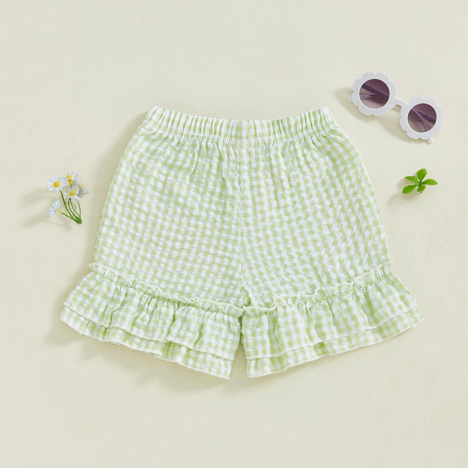 Toddler Baby Girl Plaid Shorts Summer Gingham Shorts Elastic Waist Ruffle Hem Loose Bottom Short Cute Clothes (A-Green, 5 Years)