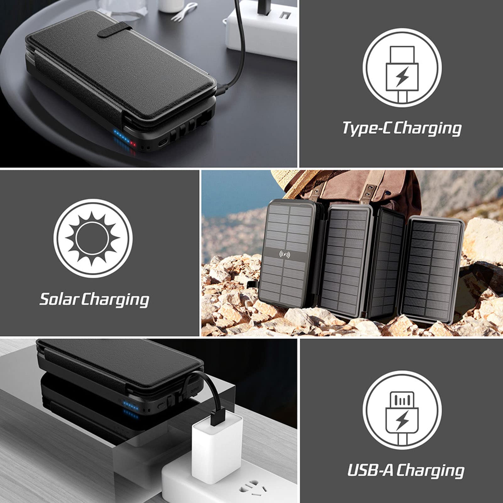 Solar Power Bank Impermeabile 20000mAh Caricatore a pannello solare a ricarica rapida con ricarica wireless e lampada LED per campeggio all'aperto Escursionismo Viaggi ABS Nero