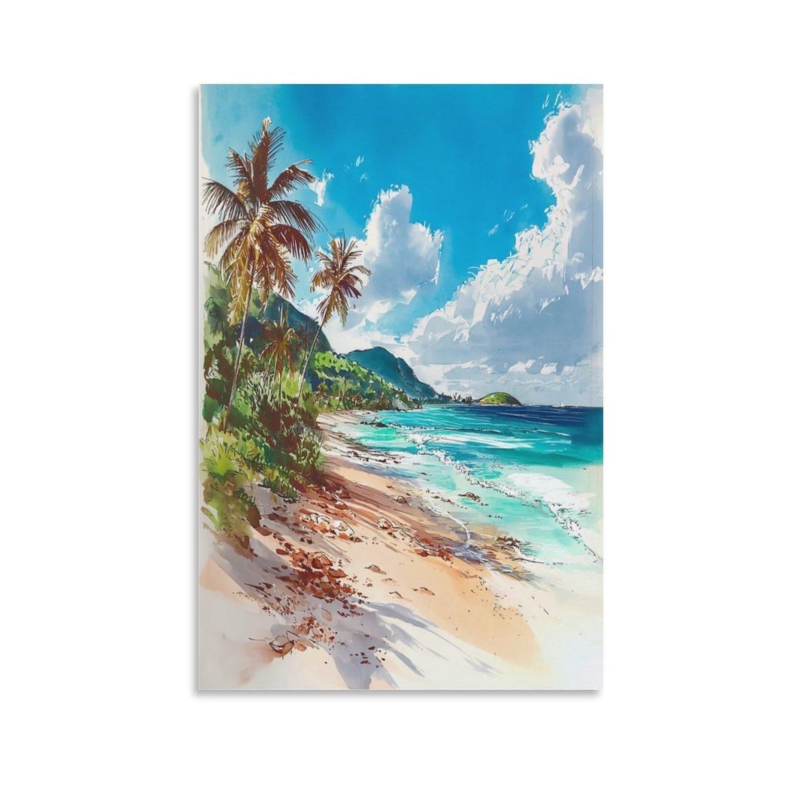 XWYMXZ Belize Beach Watercolor Painting_ Caribbean Travel Posters Tree 20x30inch(50x75cm) Vintage Watercolor Canvas Art