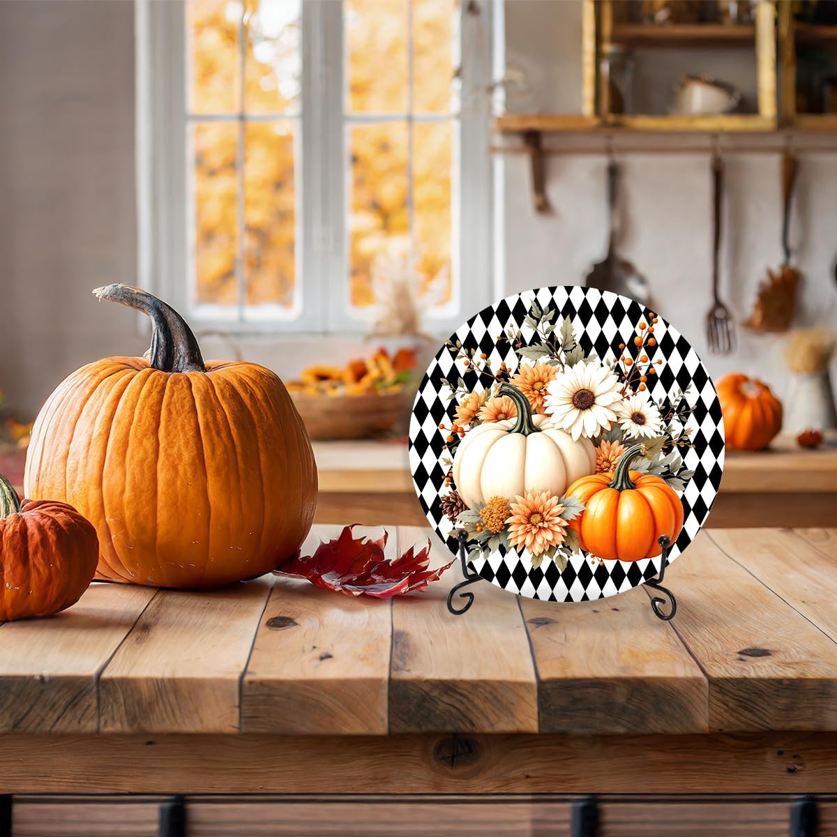 Fall Wooden Sign with Metal Stand, Autumn Pumpkin Rustic Farmhouse Table Thanksgiving Decor