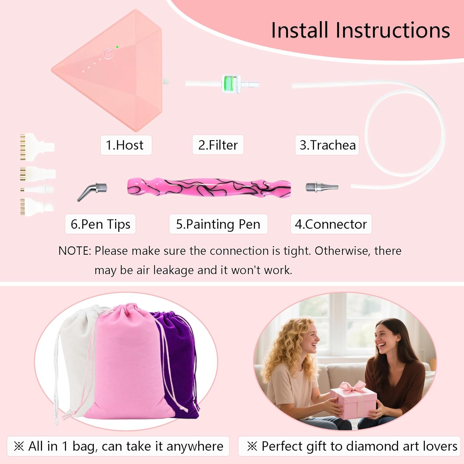 Lanzeyo Rechargeable Electric Diamond Painting Pen Vacuum Diamond Art Pen with Long Endurance Battery Electric Vacuum Pen with Beads Storage Tray for Gem Art Diamond Art Accessories (Pink)