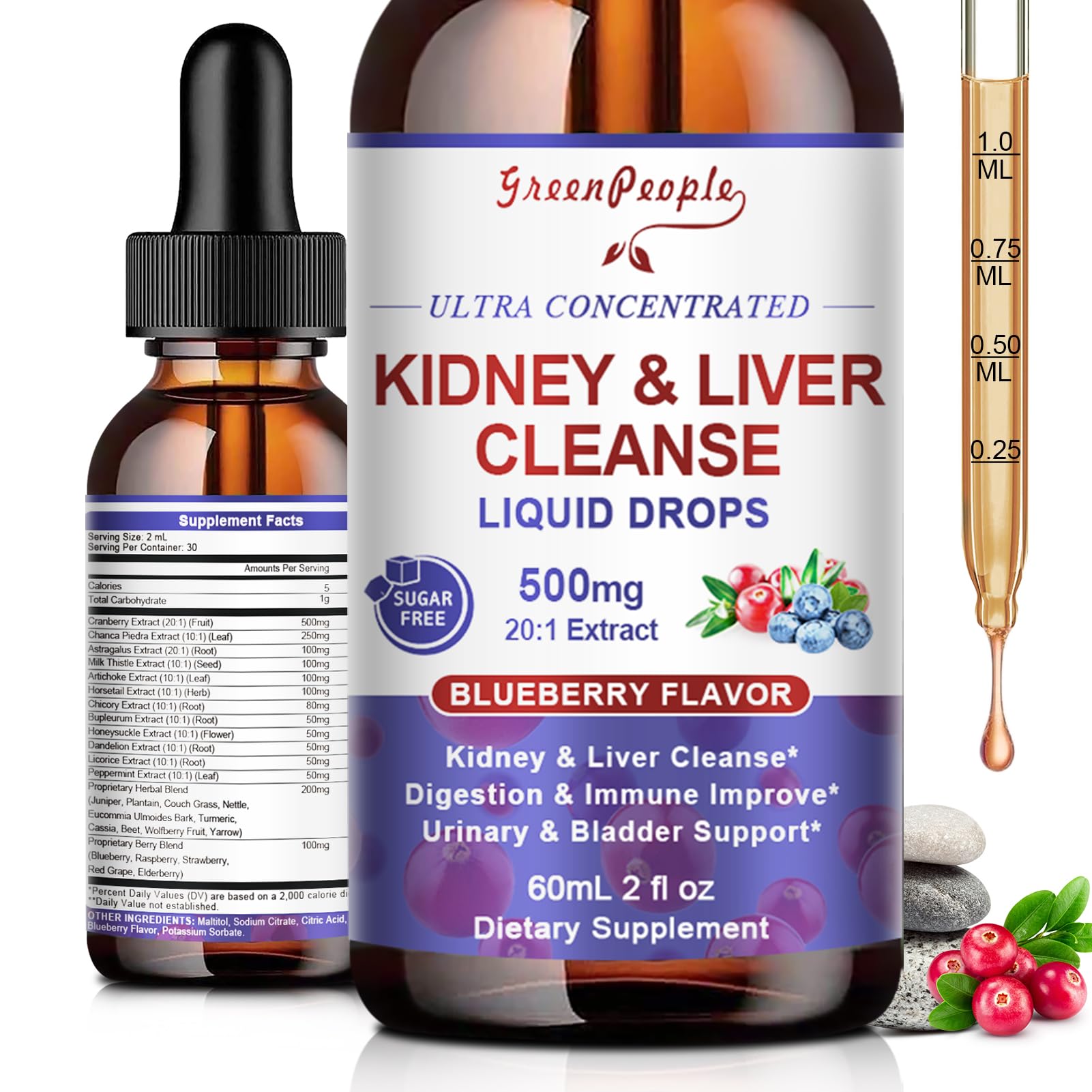 GREENPEOPLE Kidney Cleanse Detox & Repair - 27-In-1 Kidney & Liver Drops with 20:1 Cranberry Extract & Chanca Piedra, Alcohol-Free Supplement for Urinary Tract & Liver Support (2 Oz 1 Pack, Blueberry)GREENPEOPLE Kidney Cleanse Detox & Repair -…