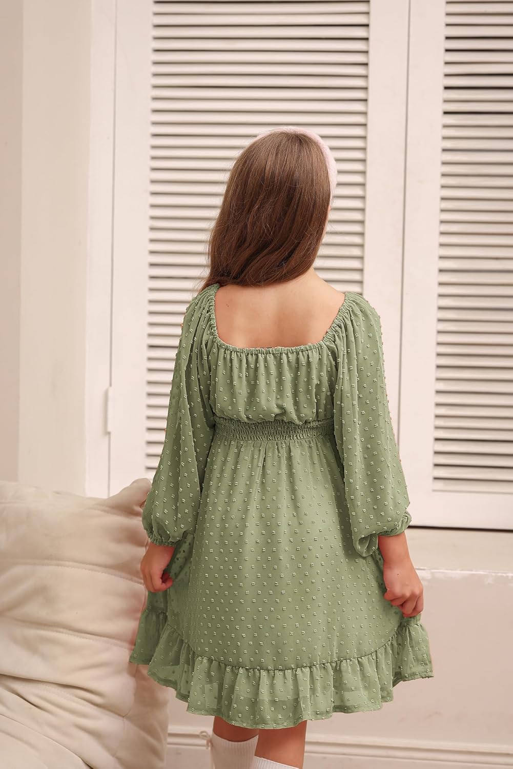 grace karin girls ruffle tiered dress long sleeve swiss dot flowy a-line dress 6-14y 12 years sage green