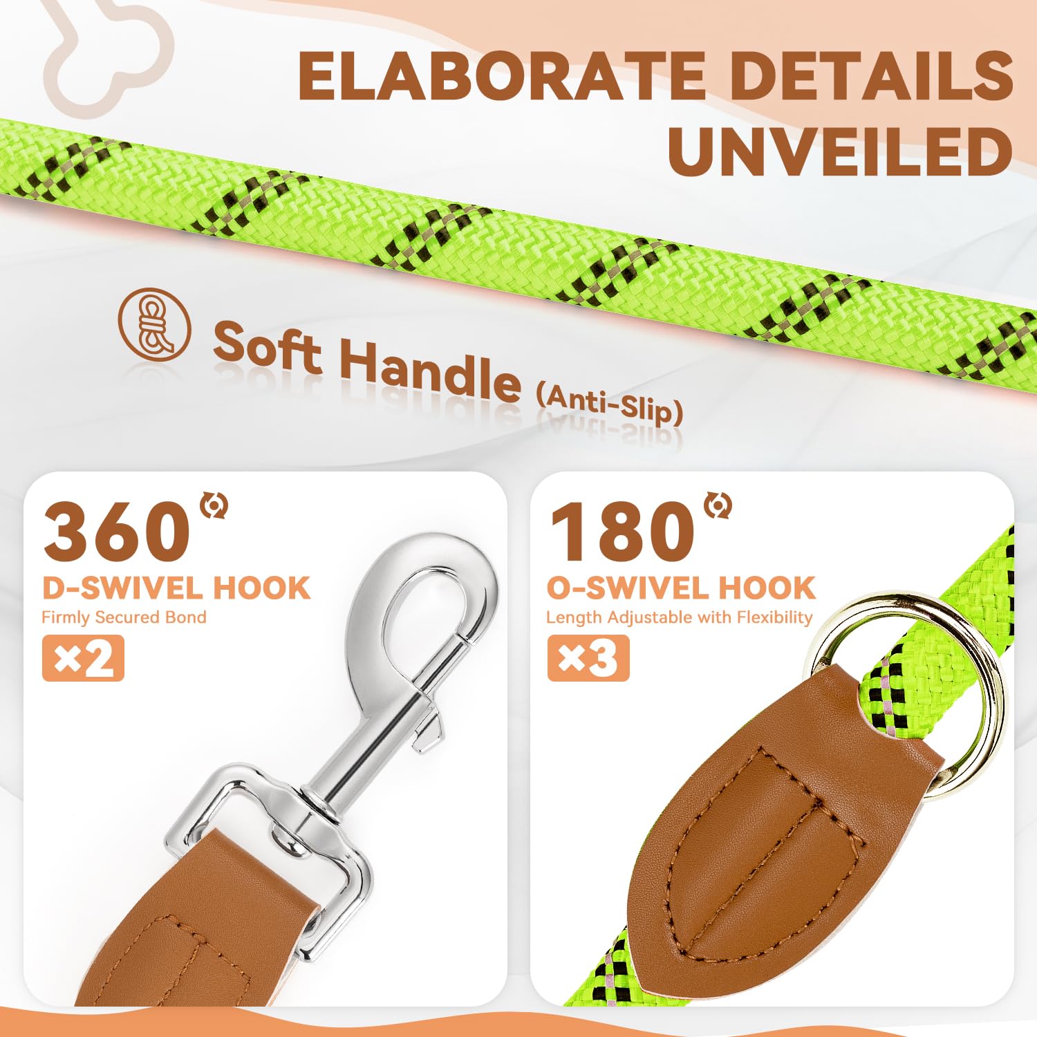 PETCOOZ Guinzaglio Doppio per Cani 3M Regolabile Con Fino Riflettente, Multifunzione e Resistente per Piccoli, Medi e Grandi, Verde Fluo