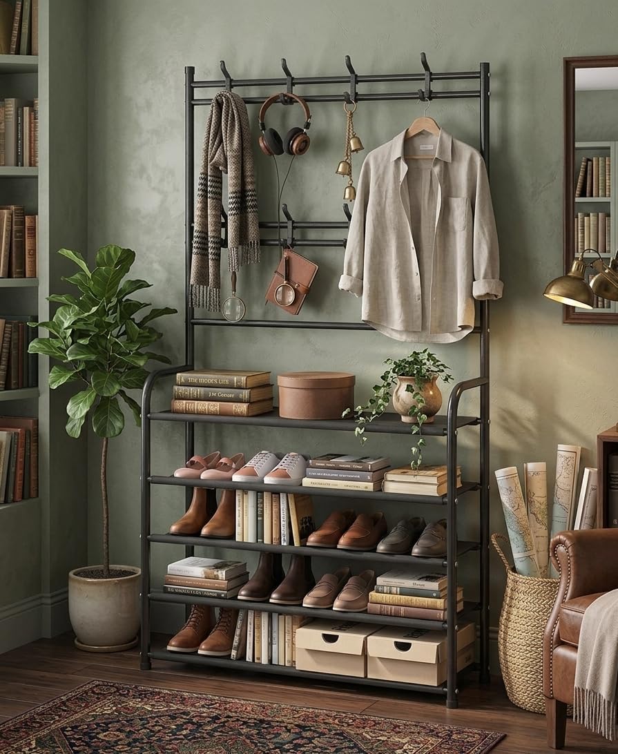 BuenoVida Cloth Stand for Room, Clothes Hanger Stand for Home, Coat Hanger Clothes Stand Hanging Wrought Iron Rack Standing Unit for Home, Bedroom Storage Organizer 4